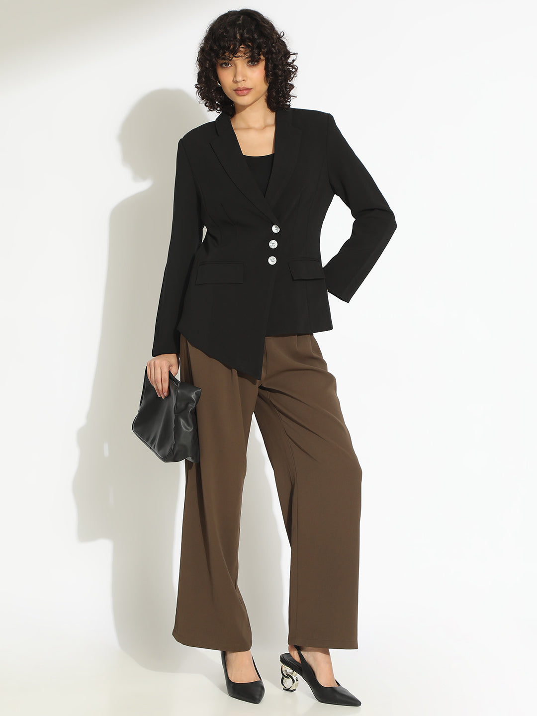 Women's Black Tailored Asymmetric Hem Blazer with Contrast Buttons