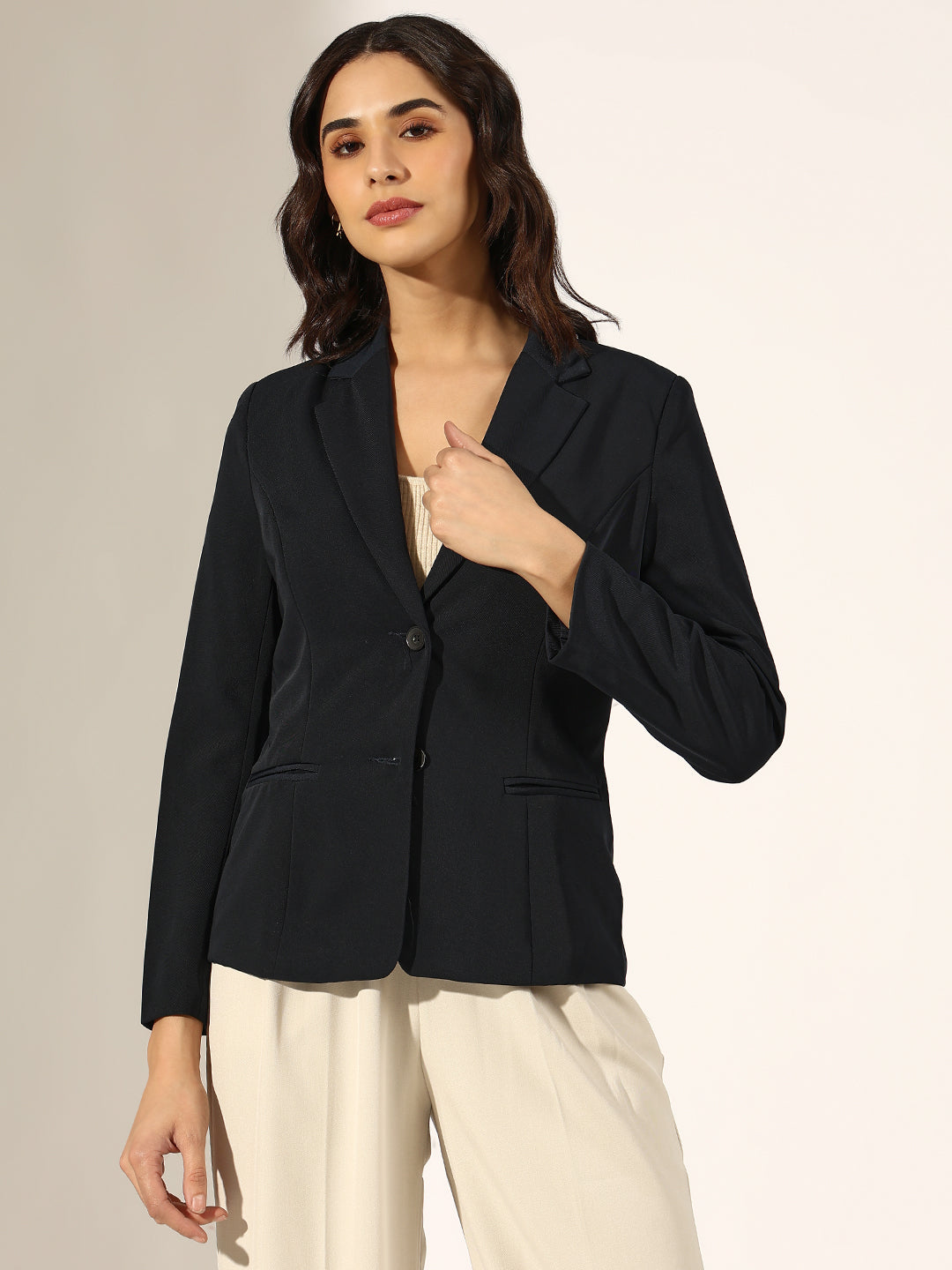 Women's Navy Blue Tailored Single-Breasted Blazer