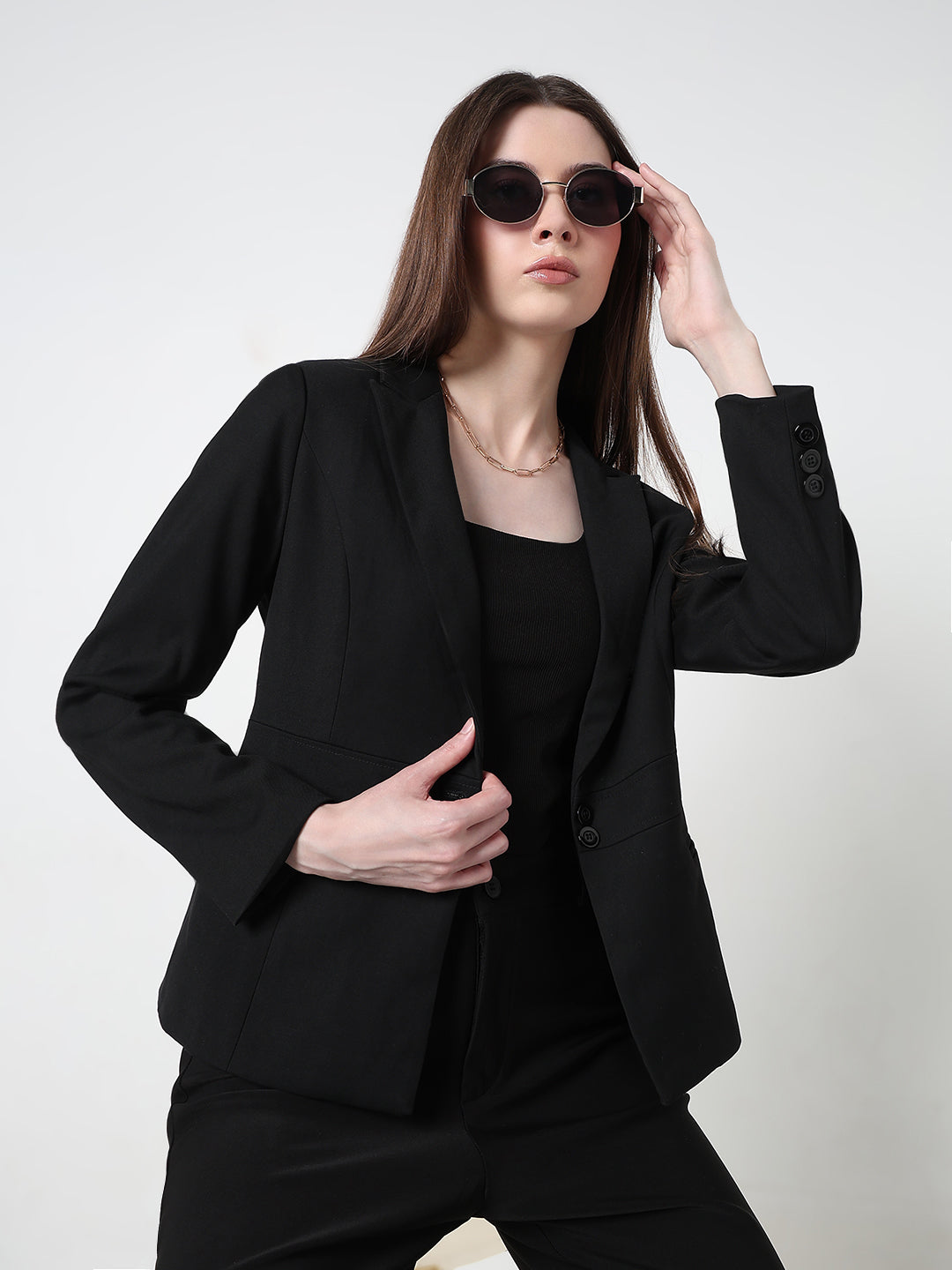 Women's Black Single Breasted Blazer with Waist Panel Detail