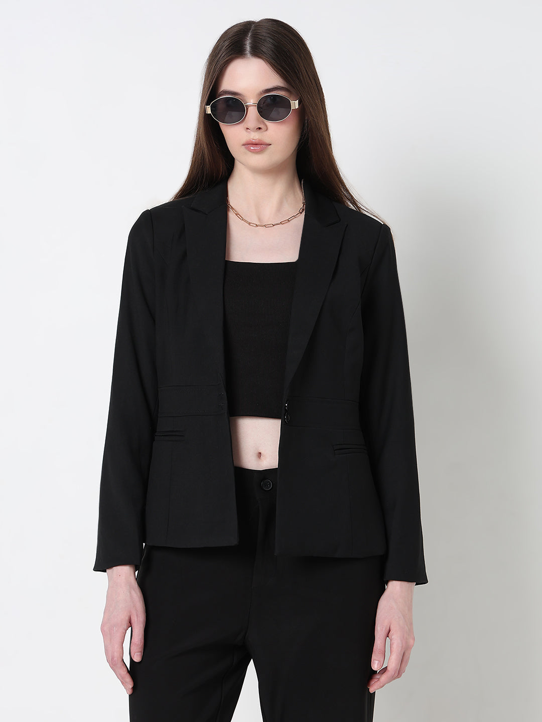 Women's Black Single Breasted Blazer with Waist Panel Detail