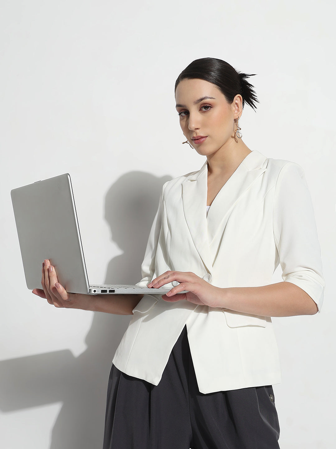 Women's Off White Double Breasted Blazer with Three-Quarters Sleeve