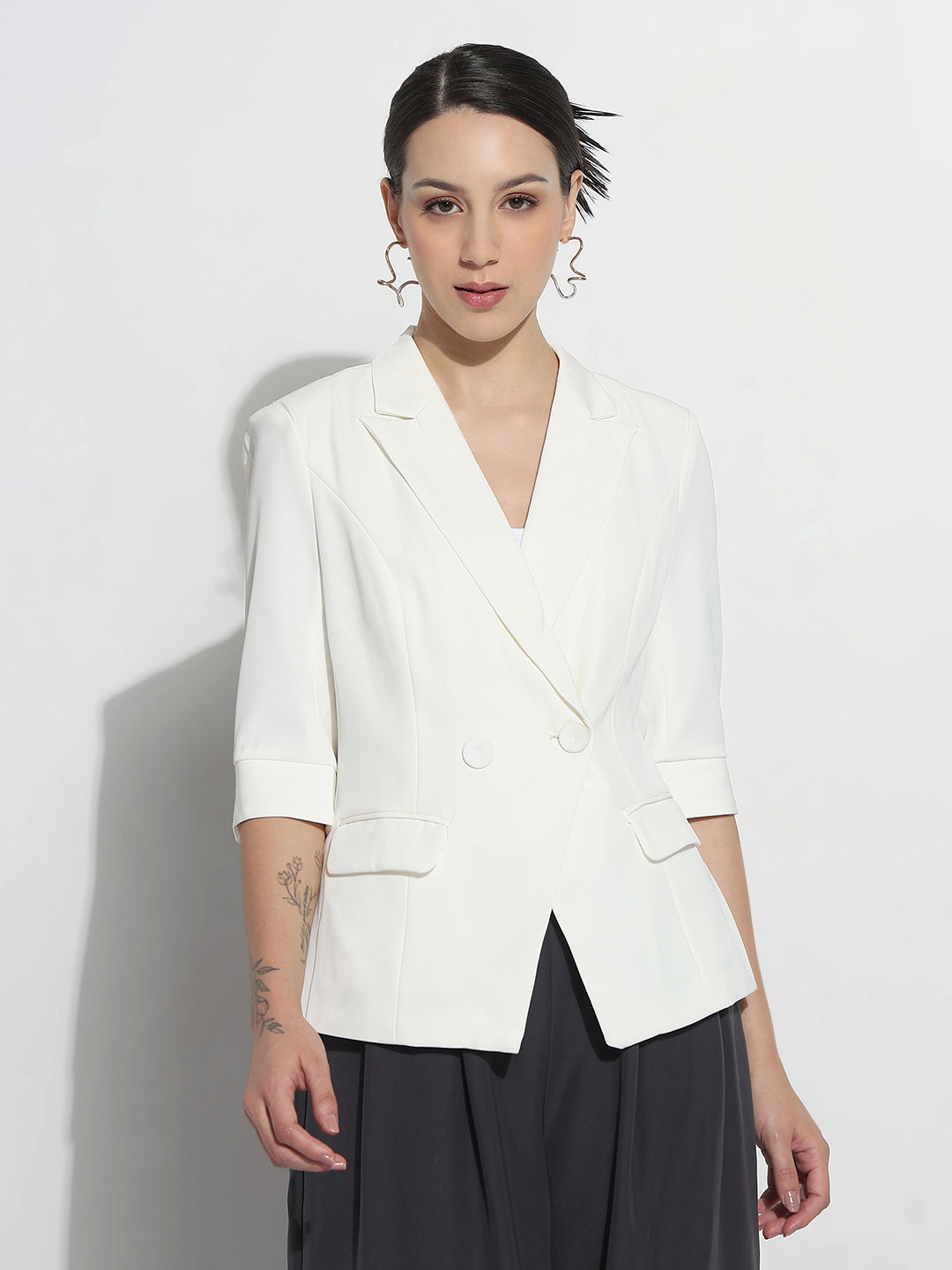 Women's Off White Double Breasted Blazer with Three-Quarters Sleeve