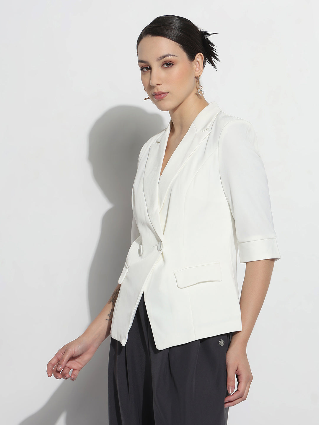 Women's Off White Double Breasted Blazer with Three-Quarters Sleeve