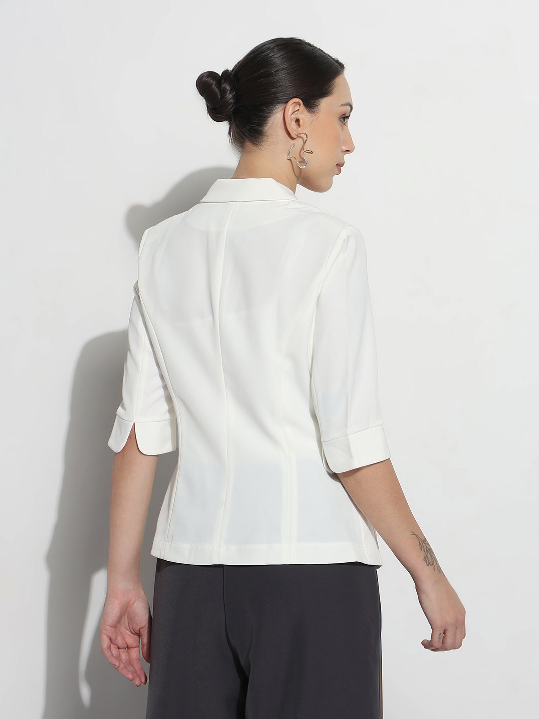 Women's Off White Double Breasted Blazer with Three-Quarters Sleeve