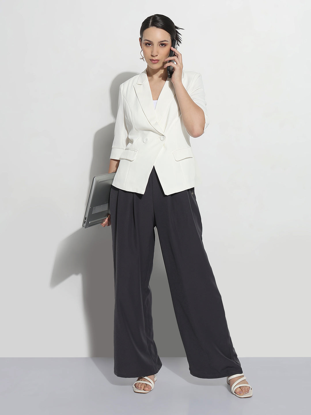 Women's Off White Double Breasted Blazer with Three-Quarters Sleeve