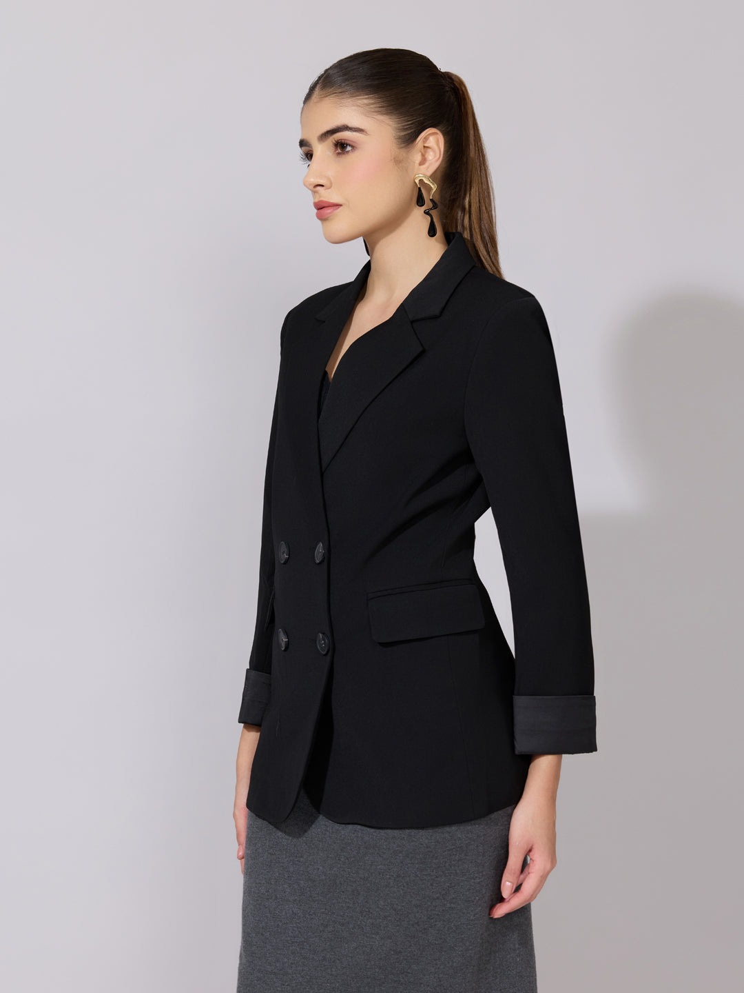 Women's Black Double Breasted Blazer with Roll-Up Sleeves