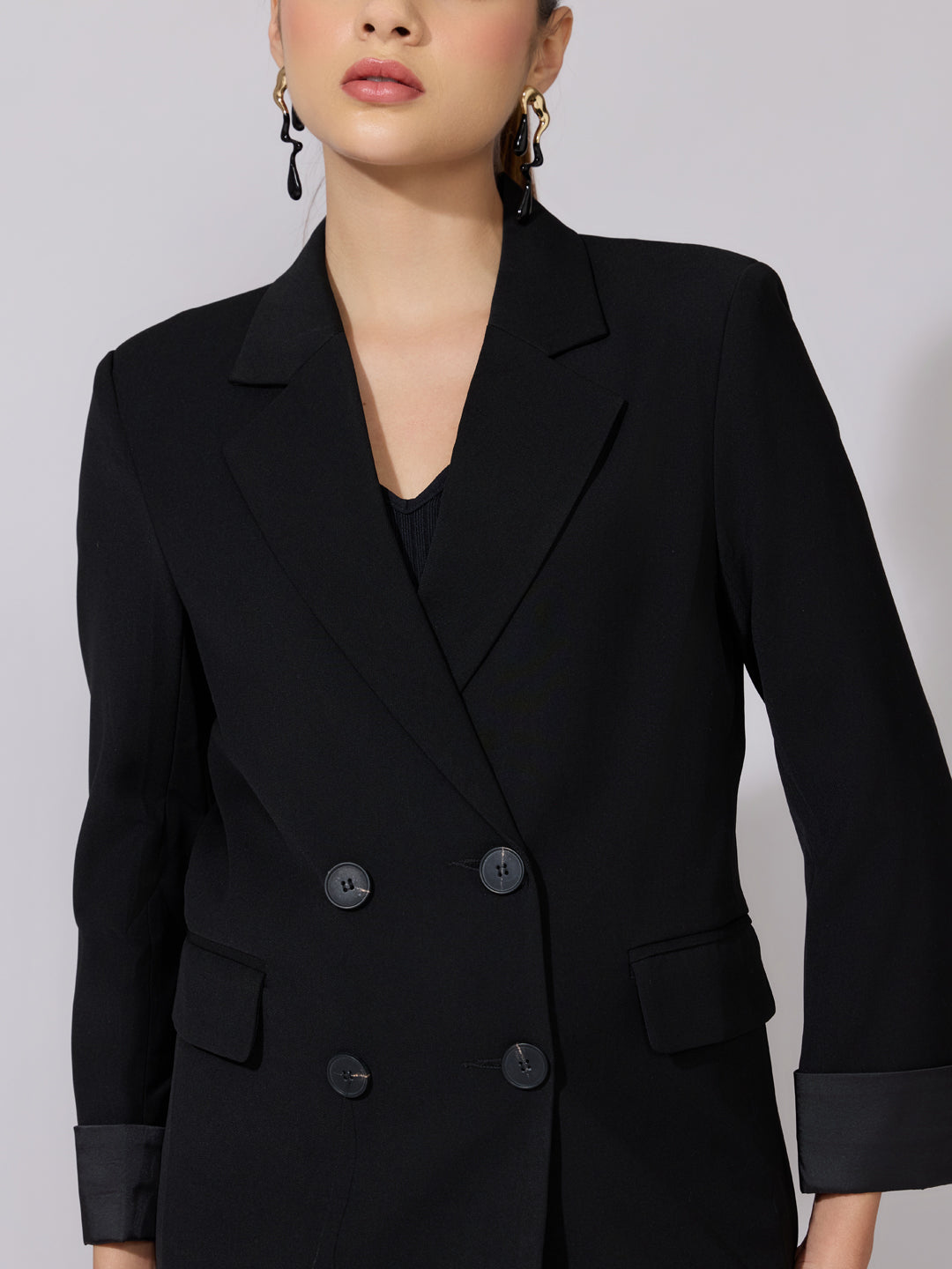Women's Black Double Breasted Blazer with Roll-Up Sleeves