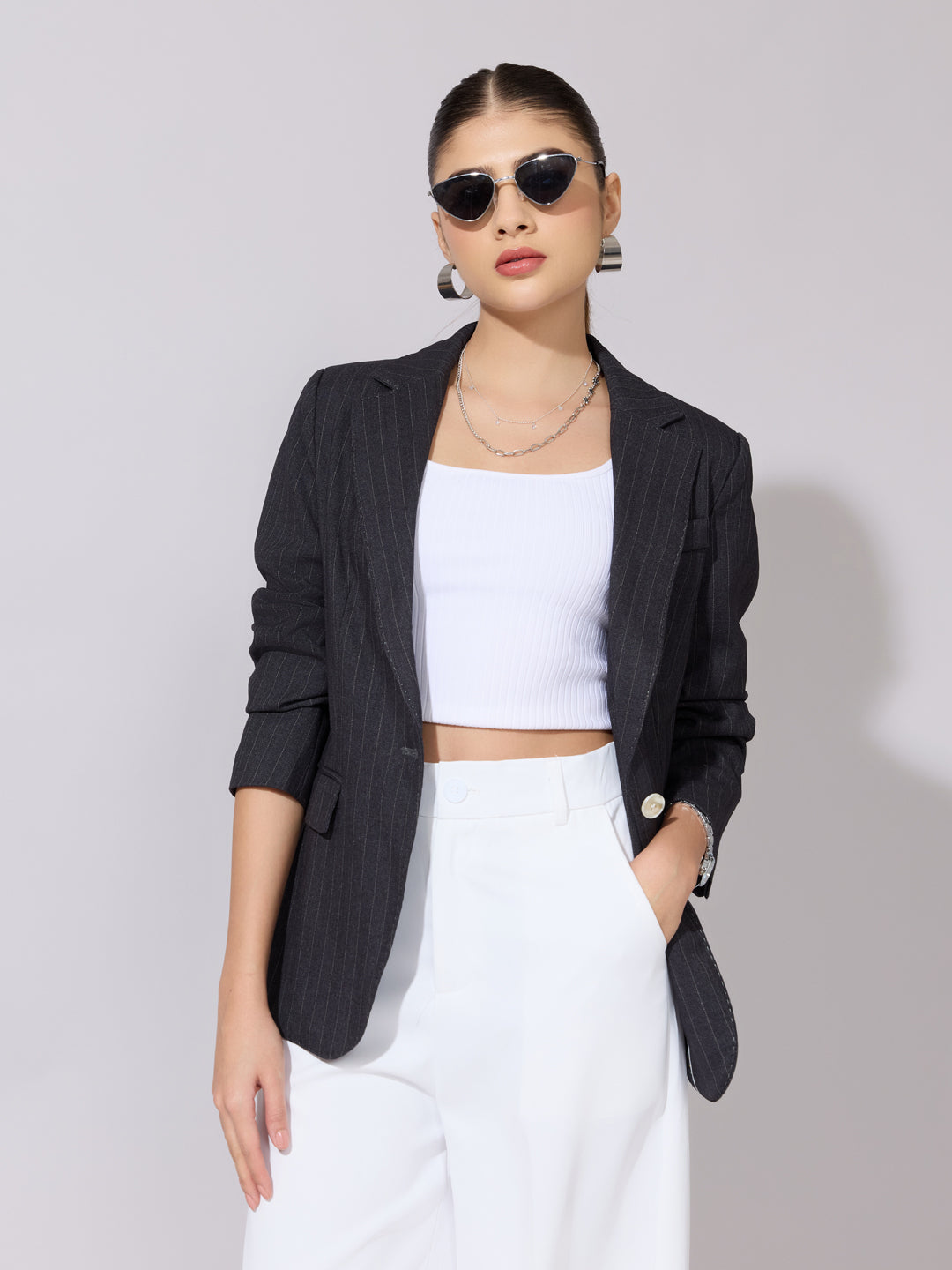 Women's Pinstripe Black Single Breasted Blazer