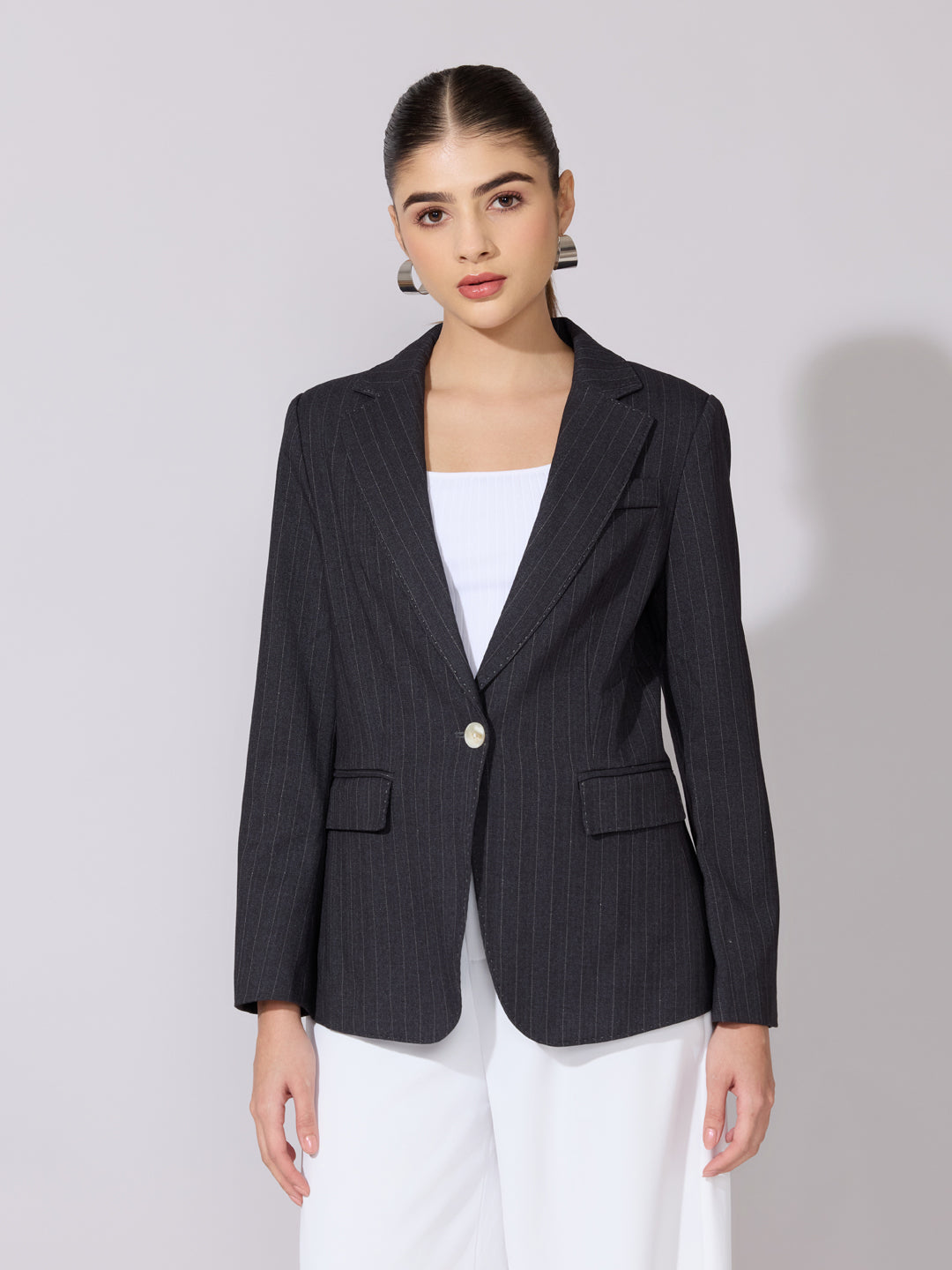 Women's Pinstripe Black Single Breasted Blazer