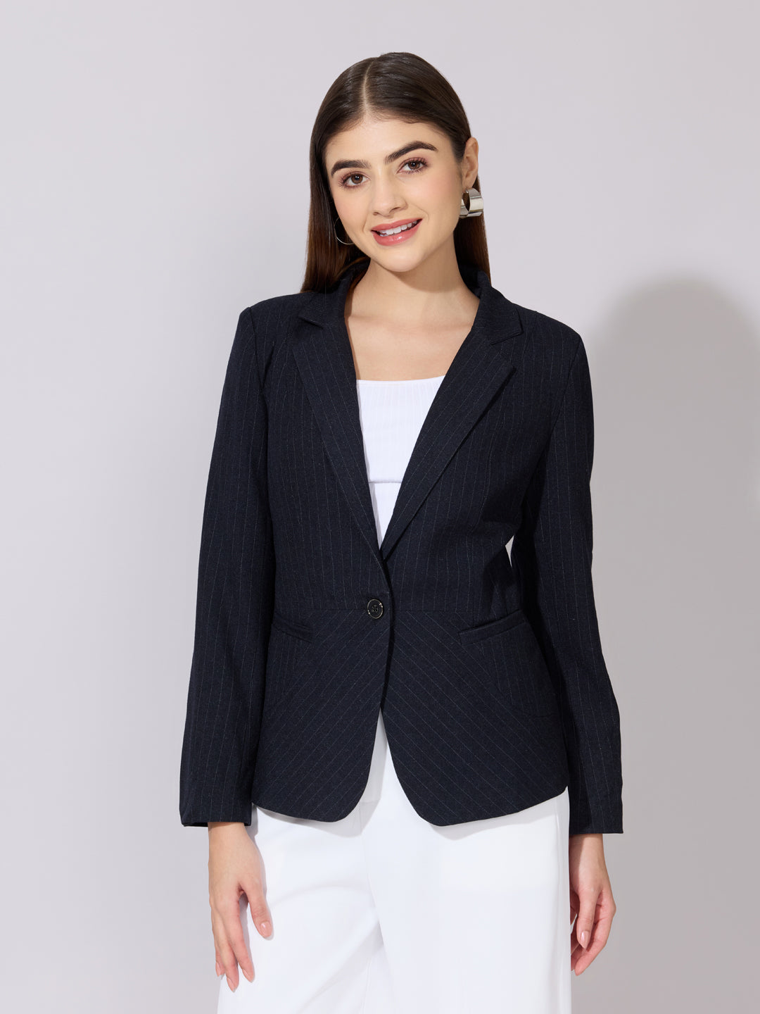 Women's Pinstripe Black Single Breasted Blazer