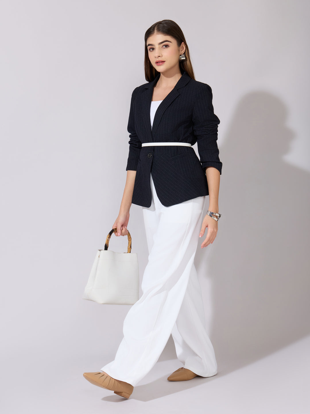 Women's Pinstripe Black Single Breasted Blazer