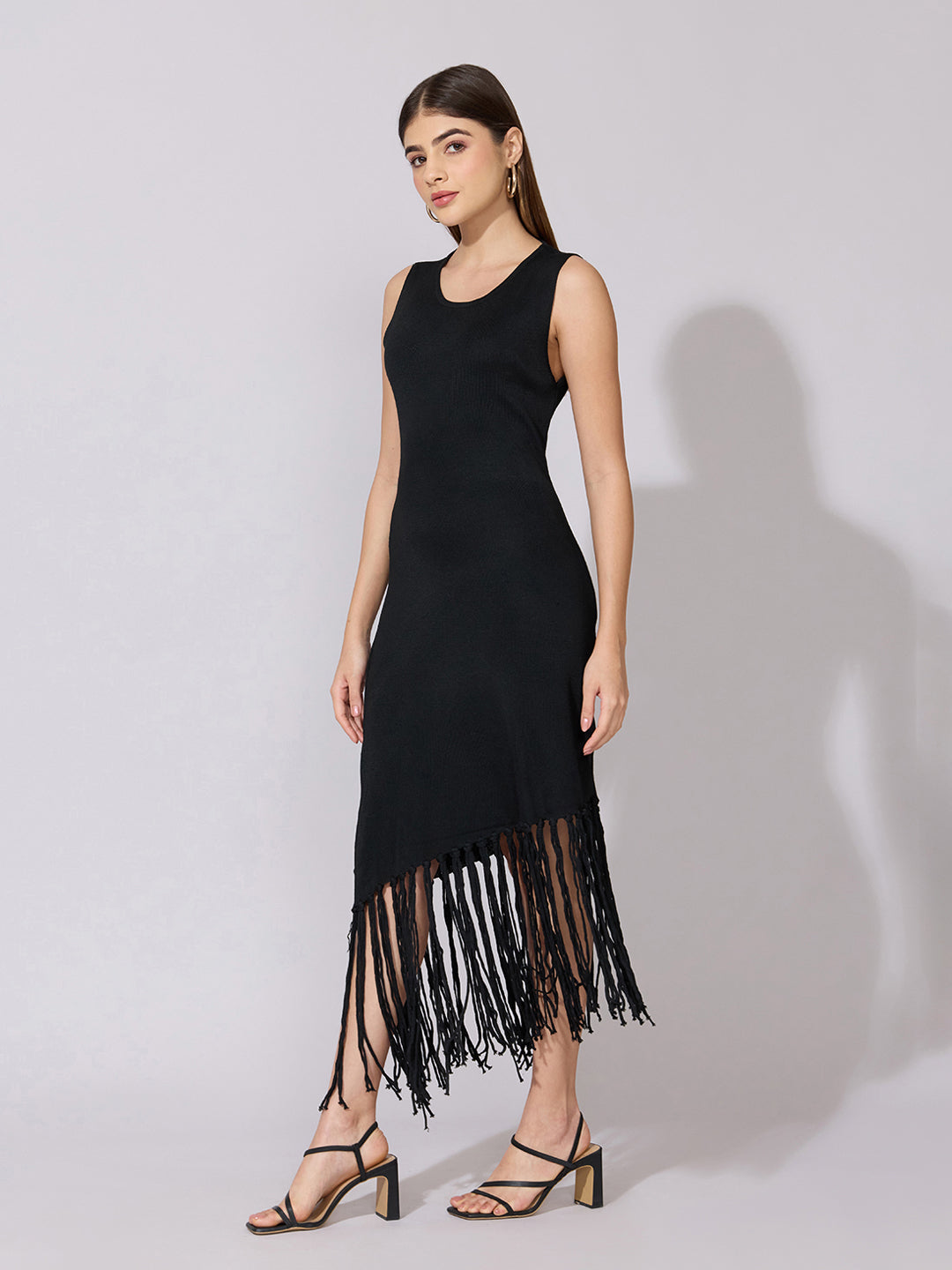 Women's Asymmetric Black Fringe Midi Dress