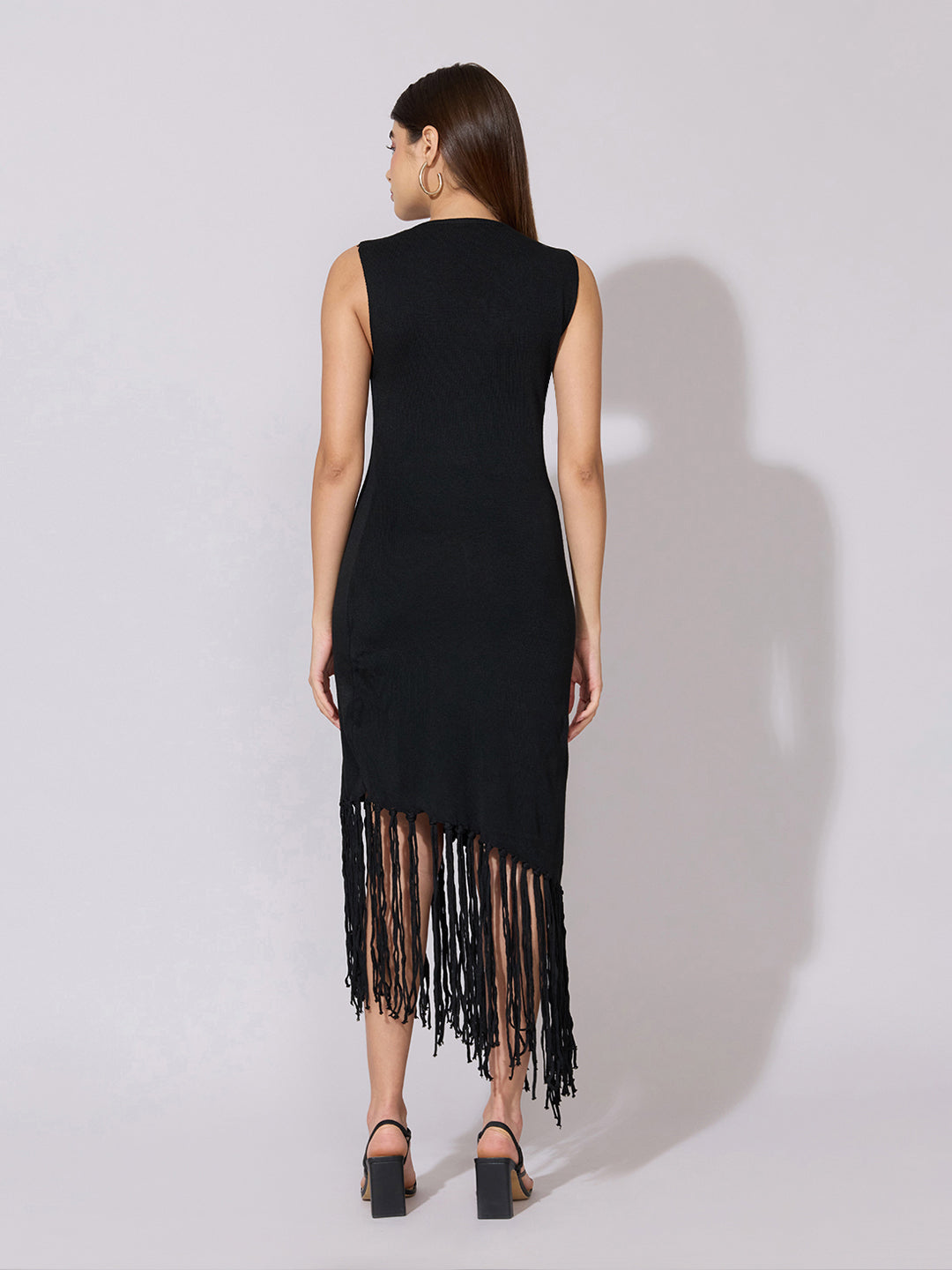 Women's Asymmetric Black Fringe Midi Dress