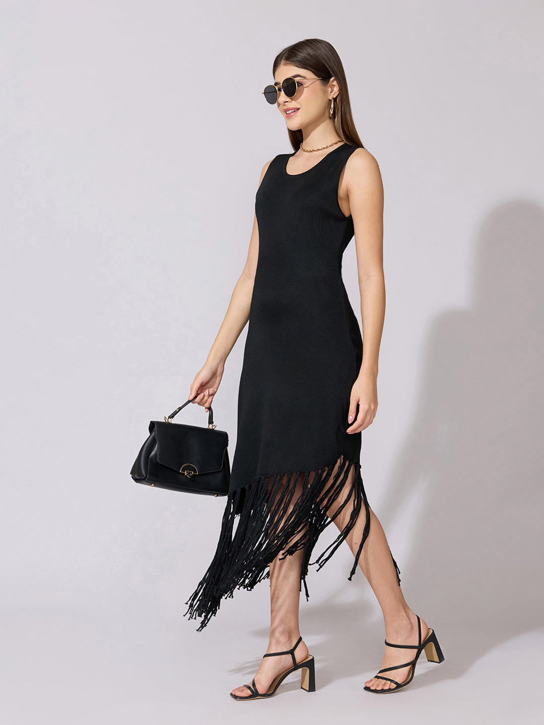 Women's Asymmetric Black Fringe Midi Dress