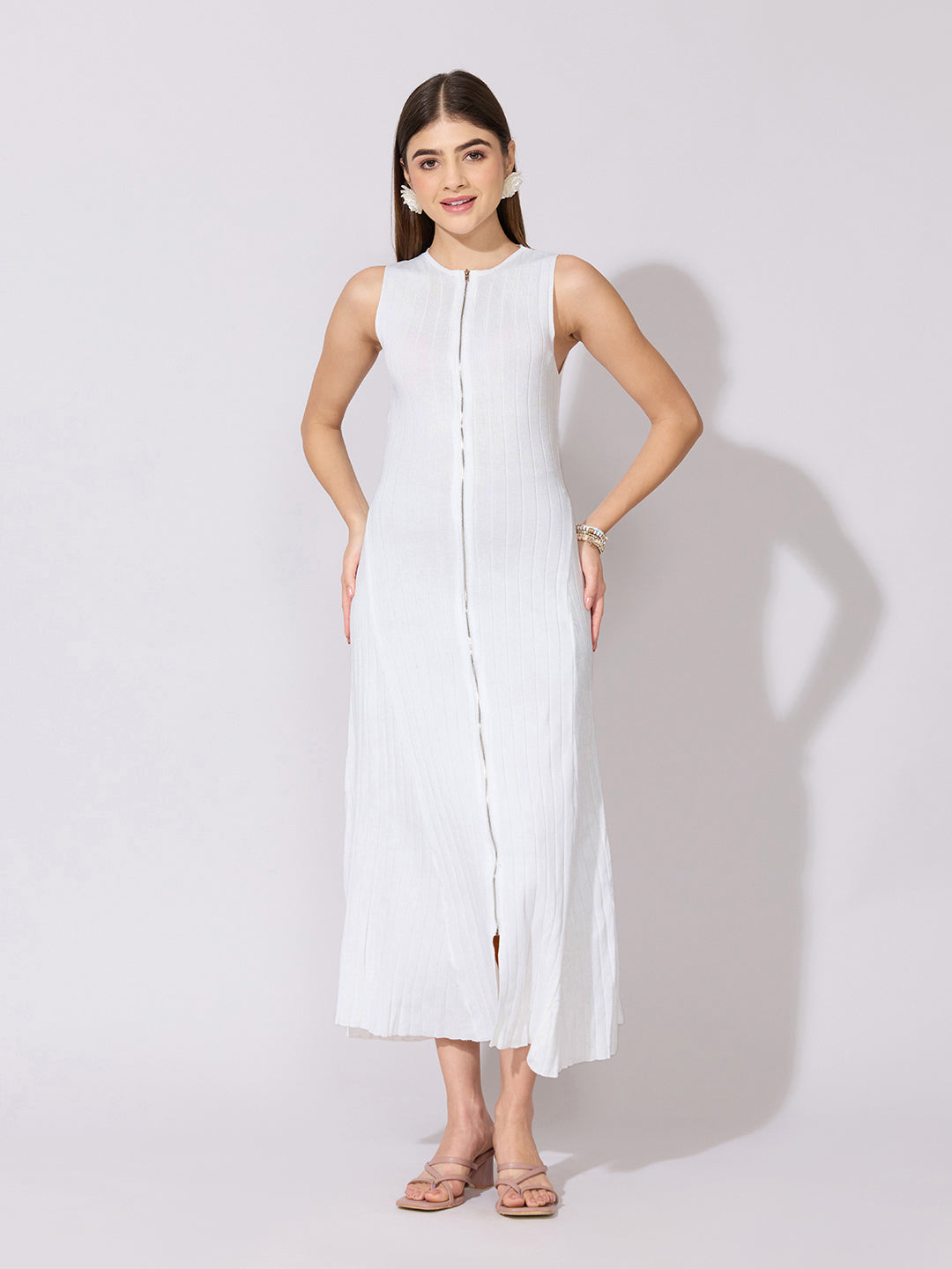 Women's Knitted White Maxi Dress with Zip-Front