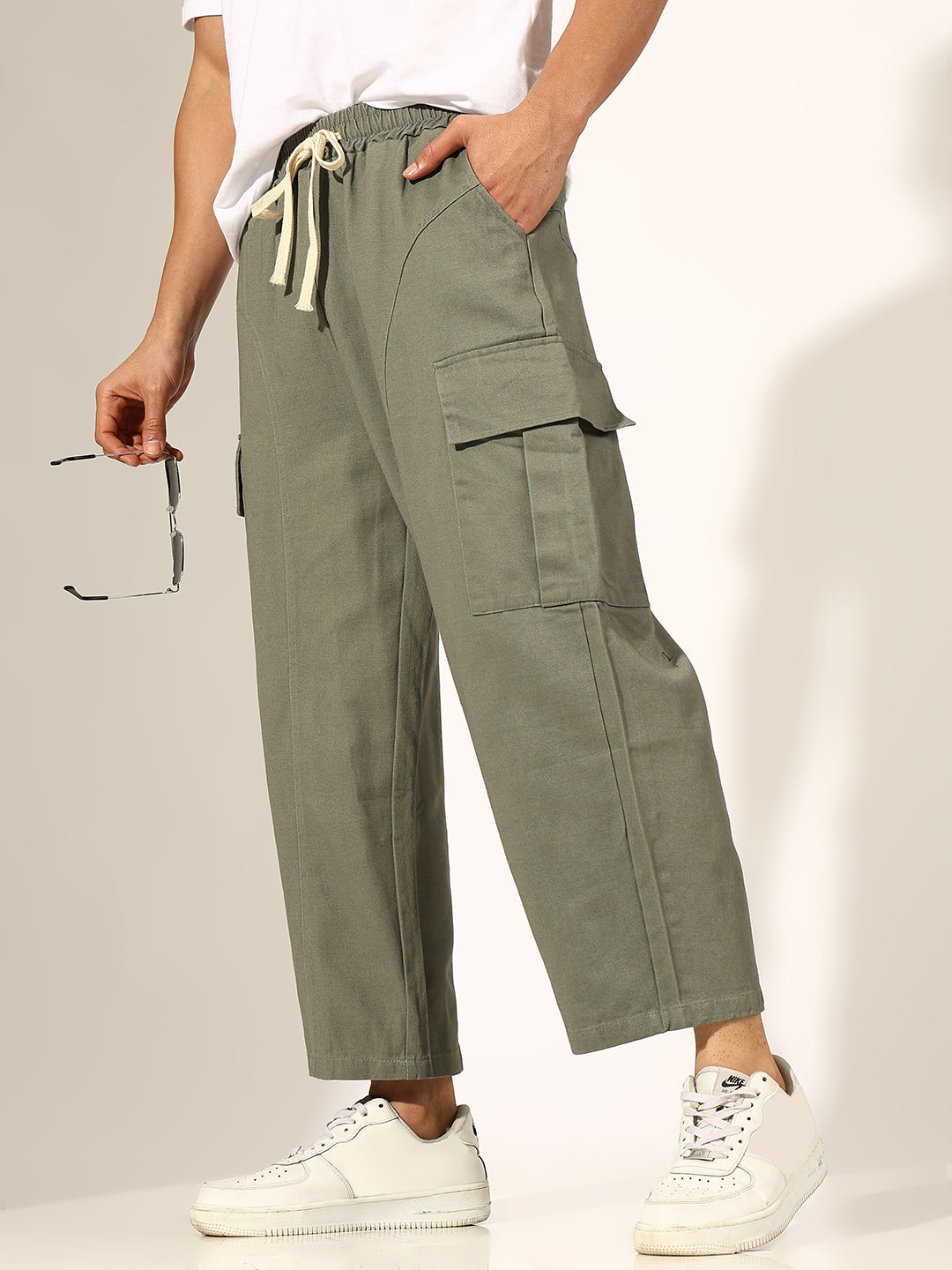 Men's Cropped Green Baggy Cargo Trouser with Panel Detail