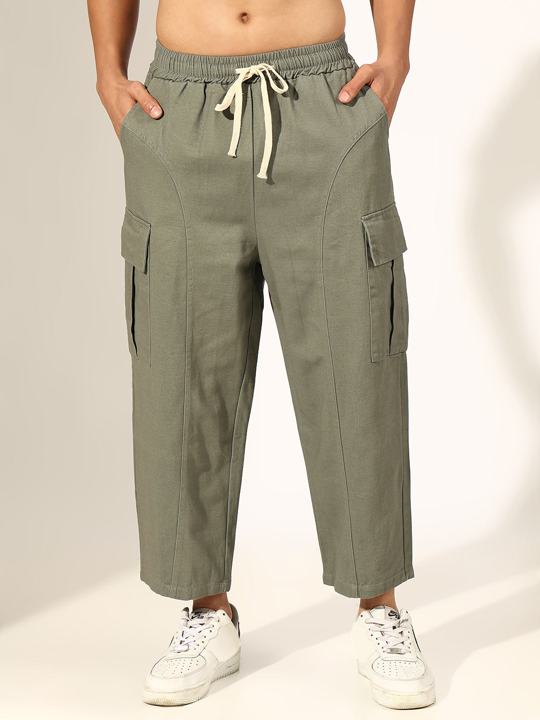 Men's Cropped Green Baggy Cargo Trouser with Panel Detail