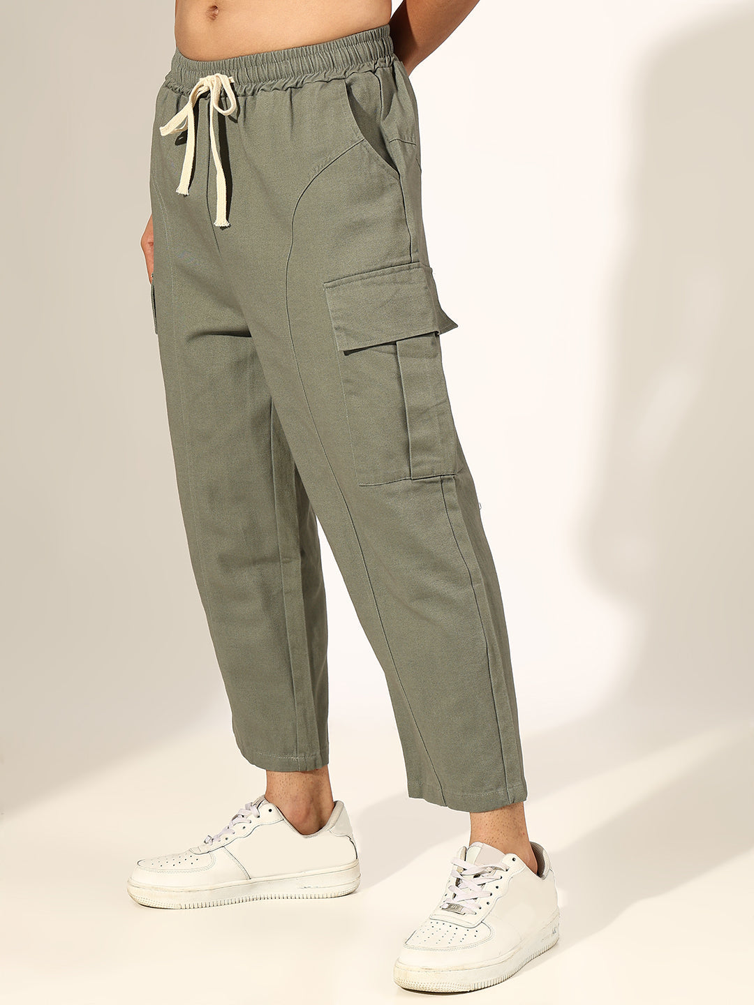 Men's Cropped Green Baggy Cargo Trouser with Panel Detail