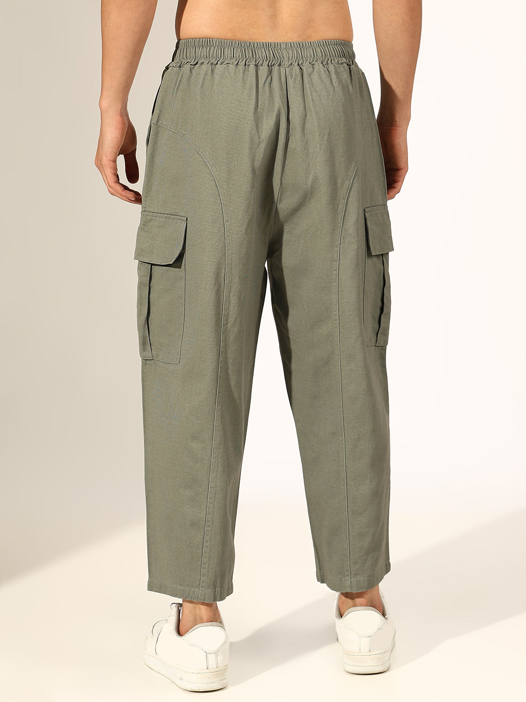 Men's Cropped Green Baggy Cargo Trouser with Panel Detail