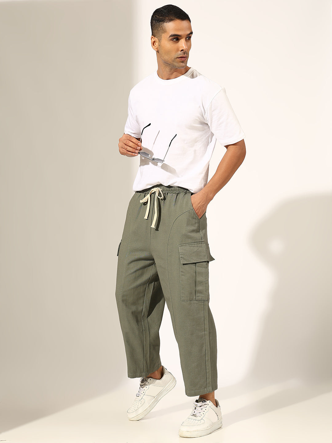 Men's Cropped Green Baggy Cargo Trouser with Panel Detail