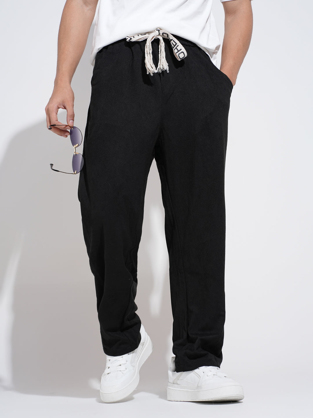 Men's Black Relaxed Fit Trousers with Elasticated Waist and Stylized Drawcord