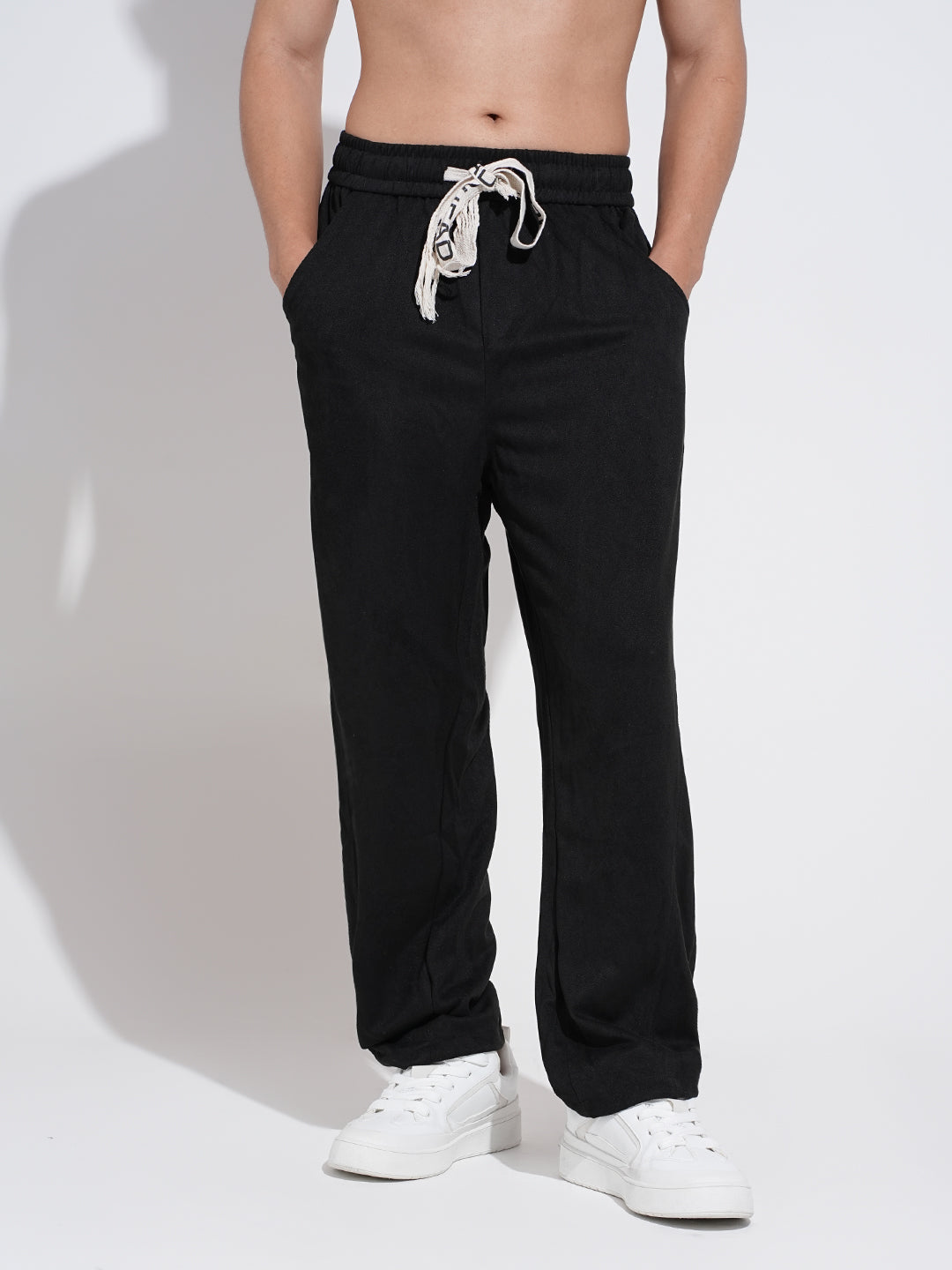 Men's Black Relaxed Fit Trousers with Elasticated Waist and Stylized Drawcord
