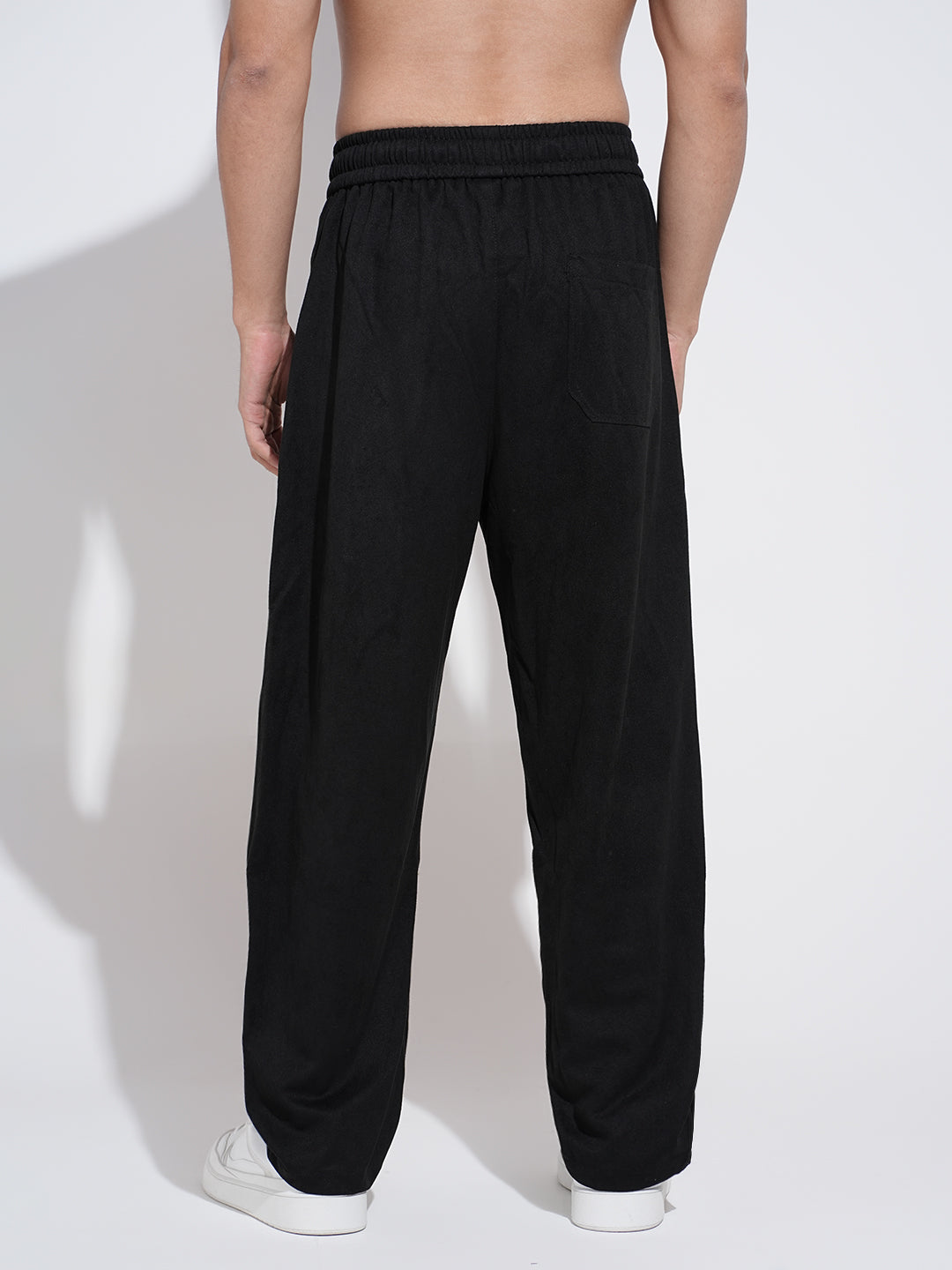 Men's Black Relaxed Fit Trousers with Elasticated Waist and Stylized Drawcord