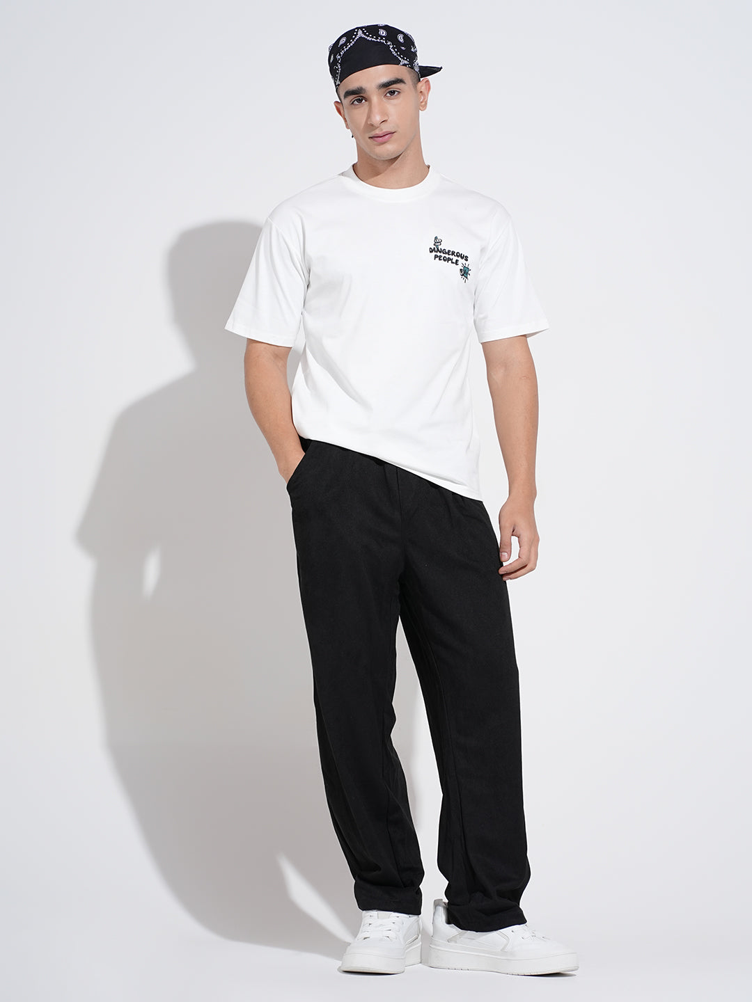Men's Black Relaxed Fit Trousers with Elasticated Waist and Stylized Drawcord
