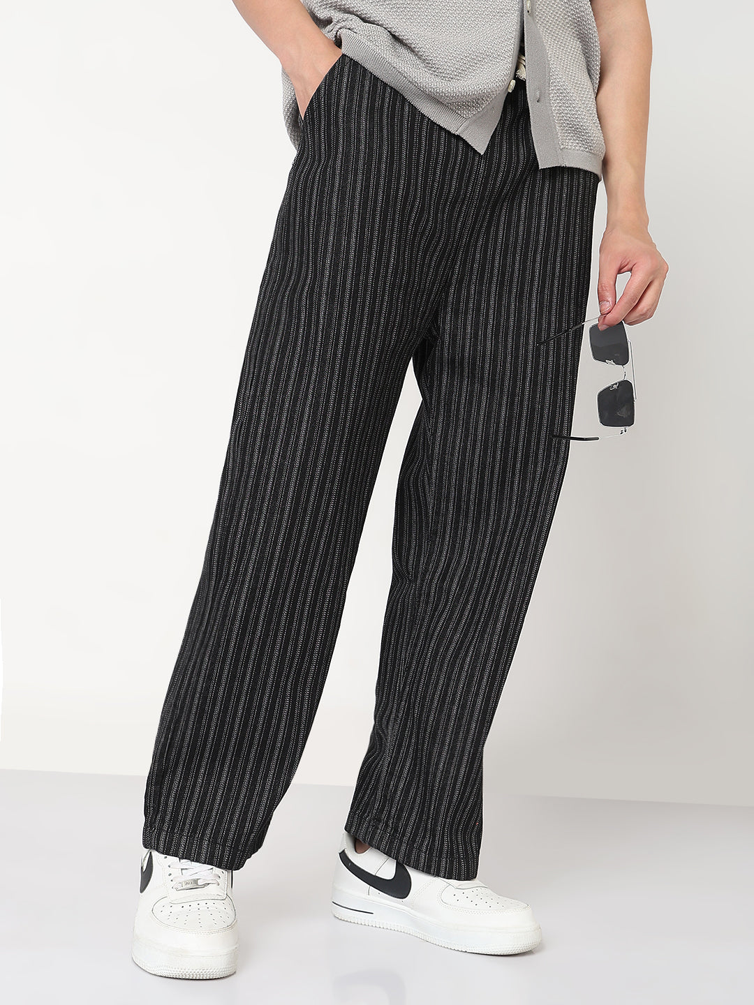 SHOWOFF Edition Men's Black Striped Straight Fit Drawstring Jeans