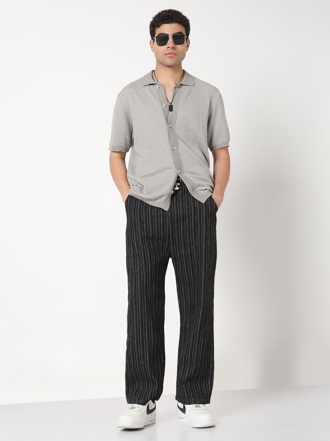 Men's Black Striped Straight Fit Drawstring Jeans