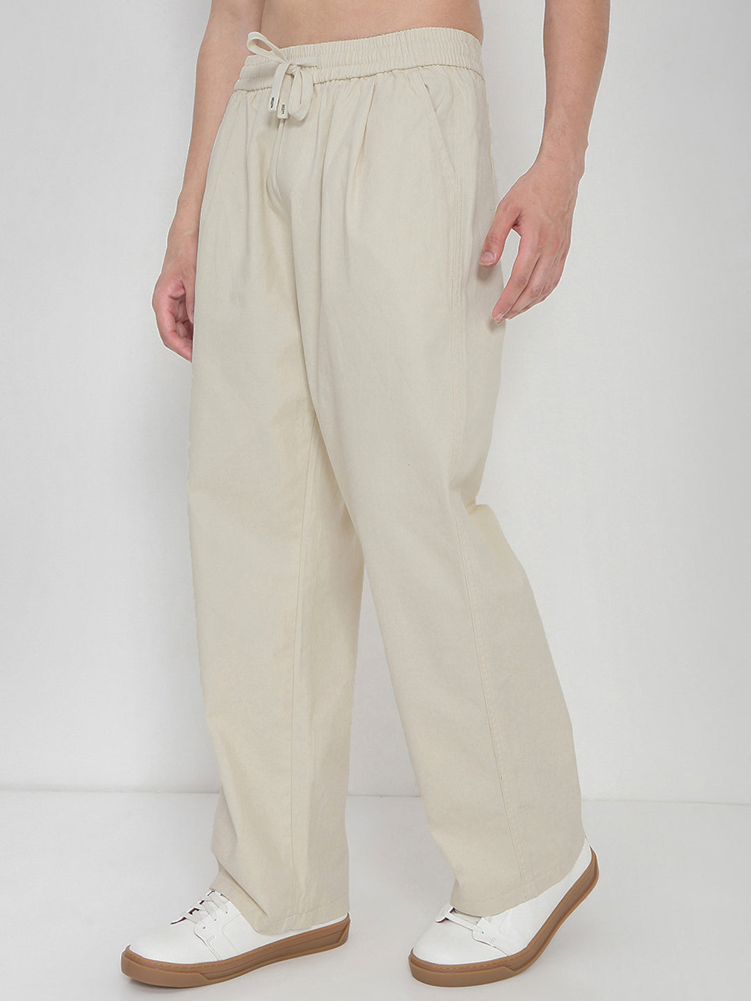 Men's Cotton Cream Relaxed Fit Trousers