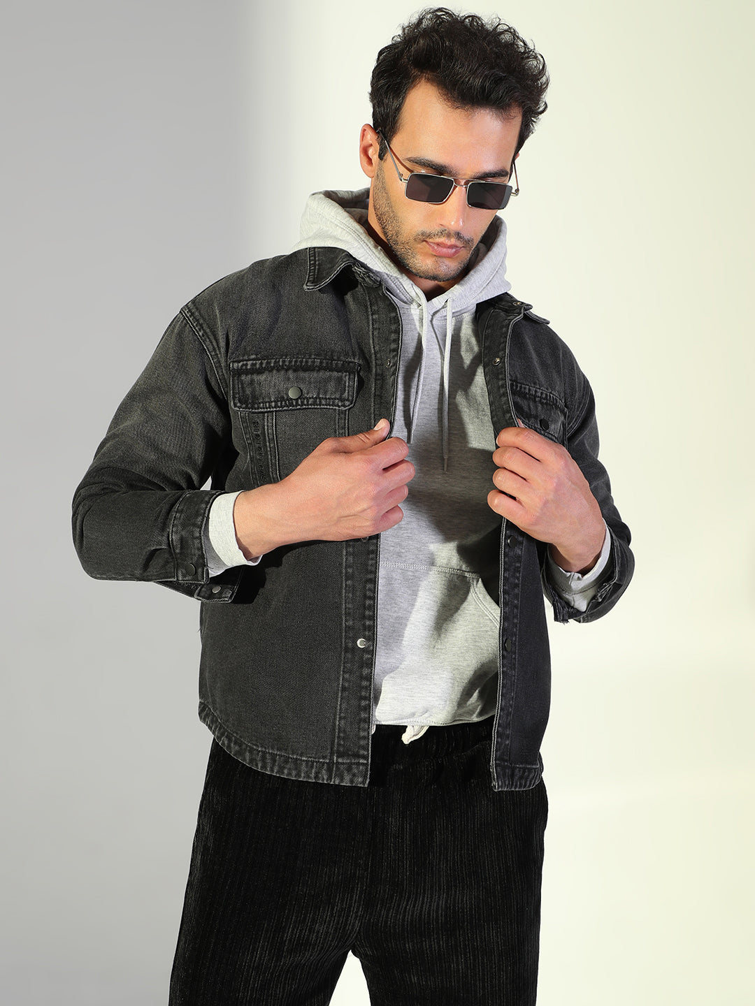 Men Solid Black Denim Jacket