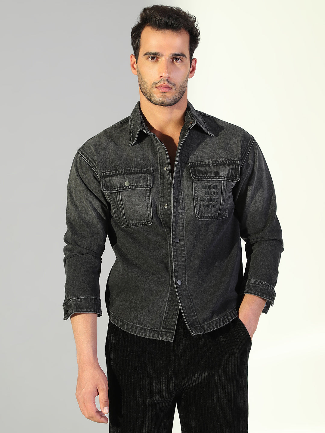 Men Solid Black Denim Jacket