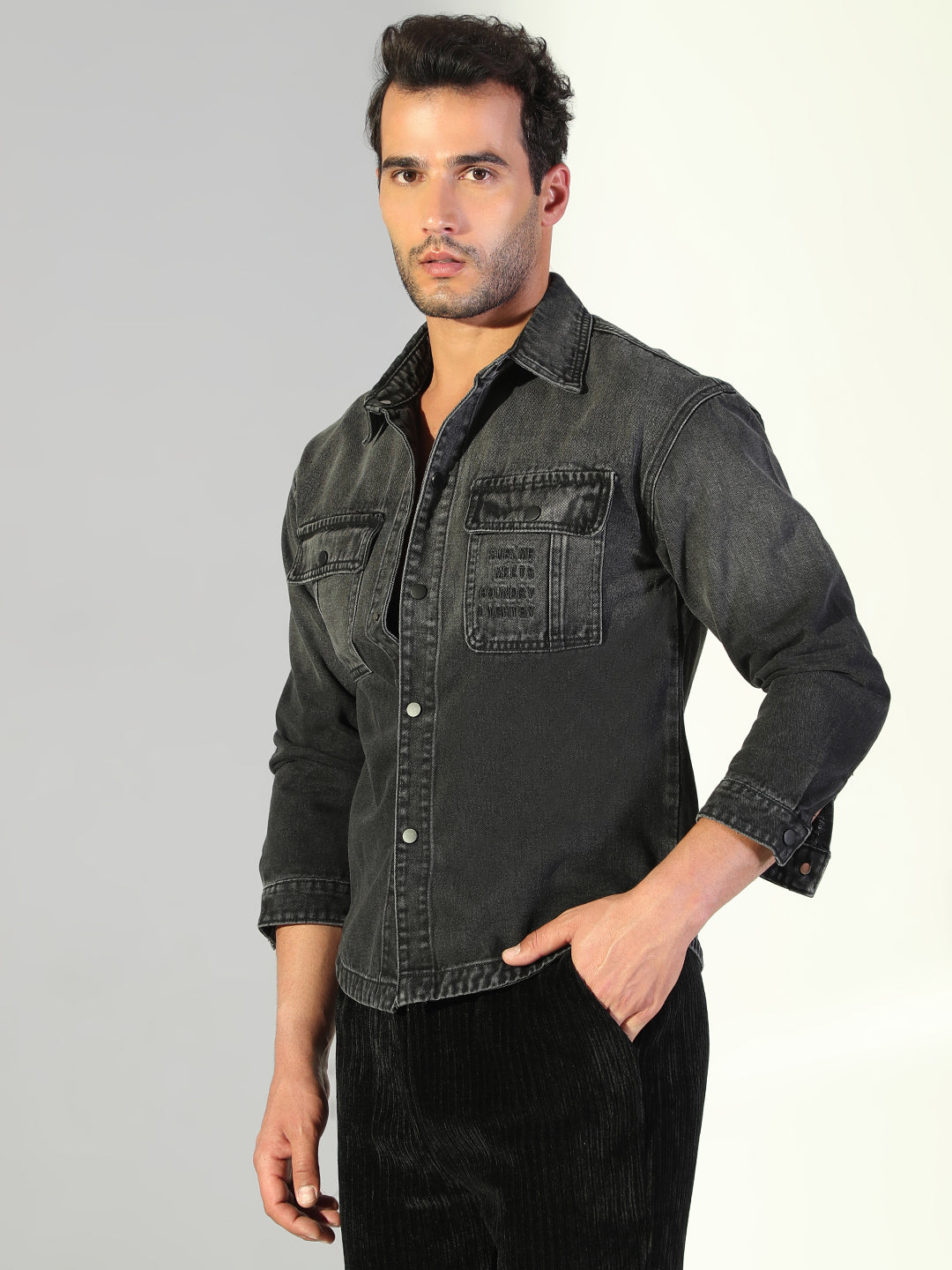 Men Solid Black Denim Jacket