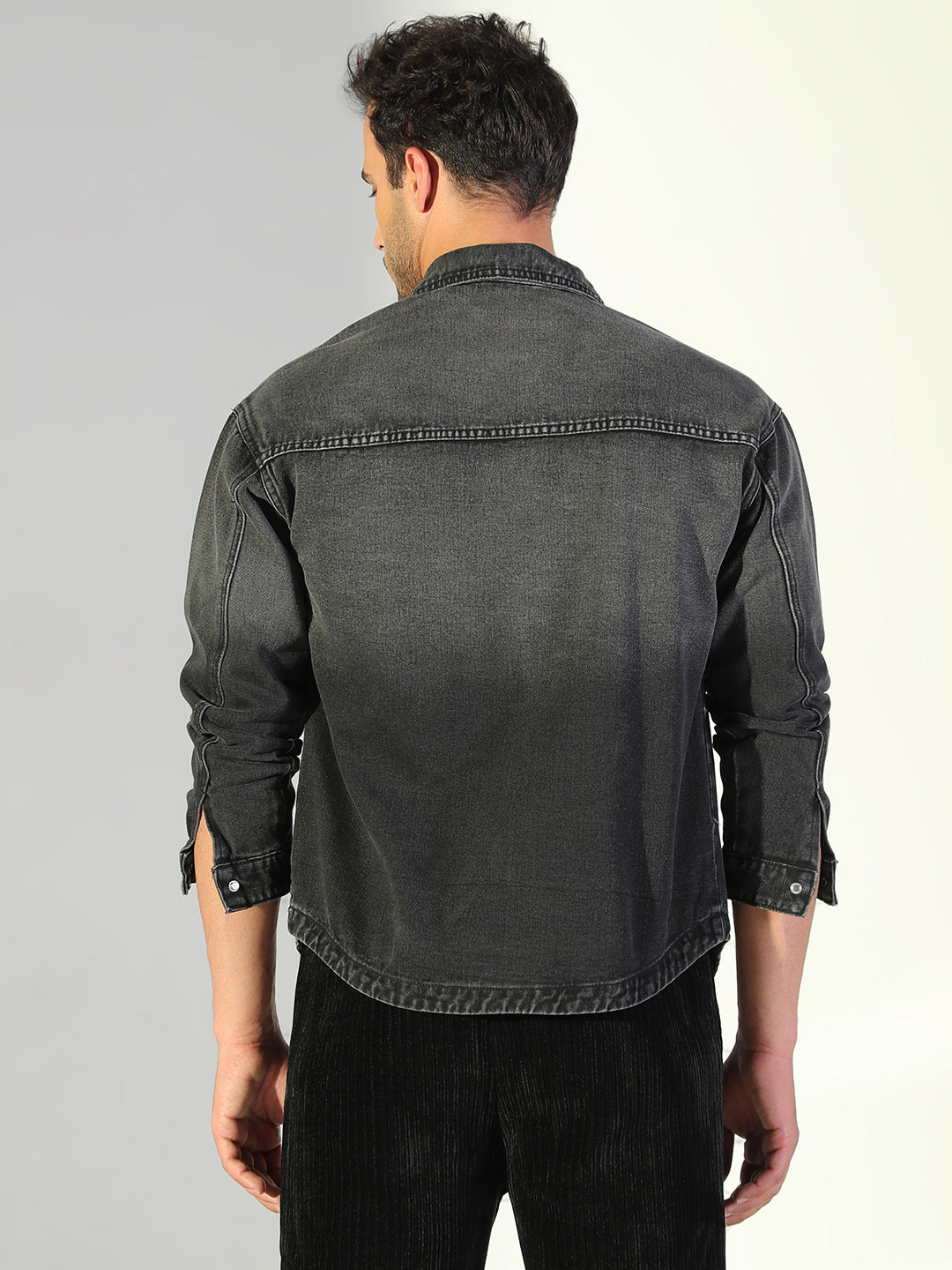 Men Solid Black Denim Jacket