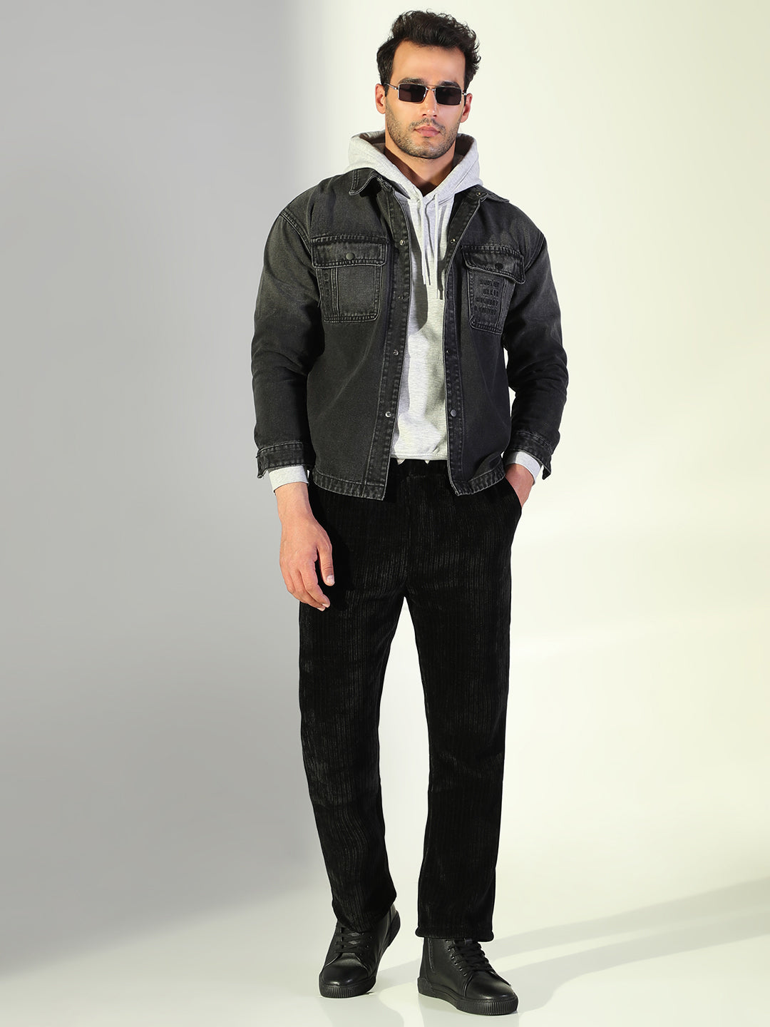 Men Solid Black Denim Jacket