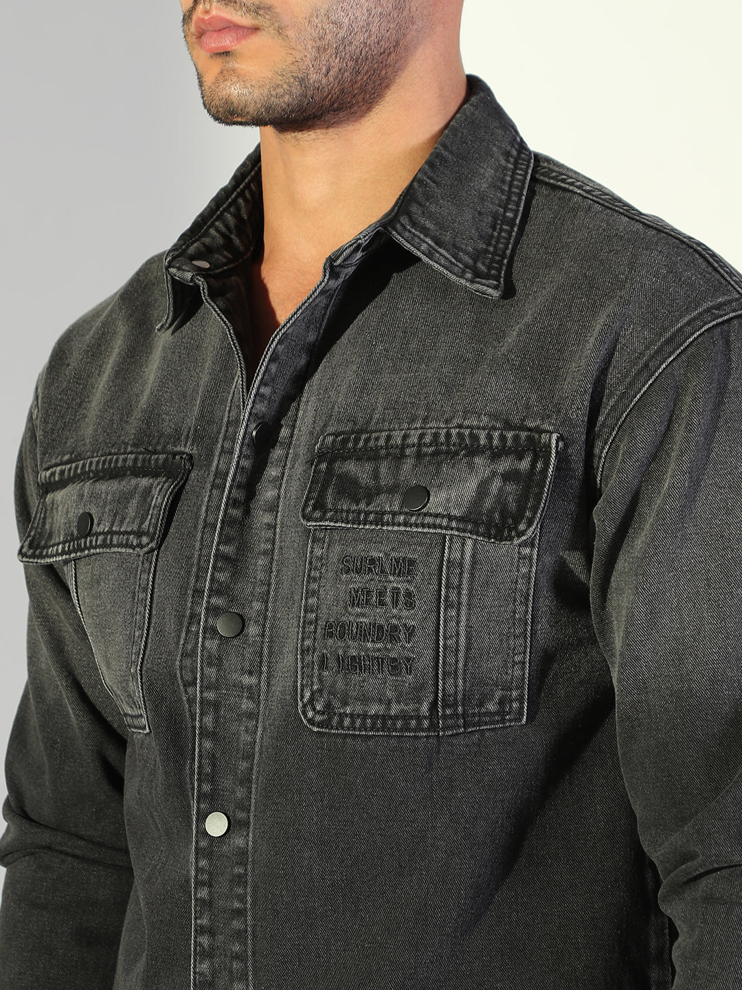 Men Solid Black Denim Jacket