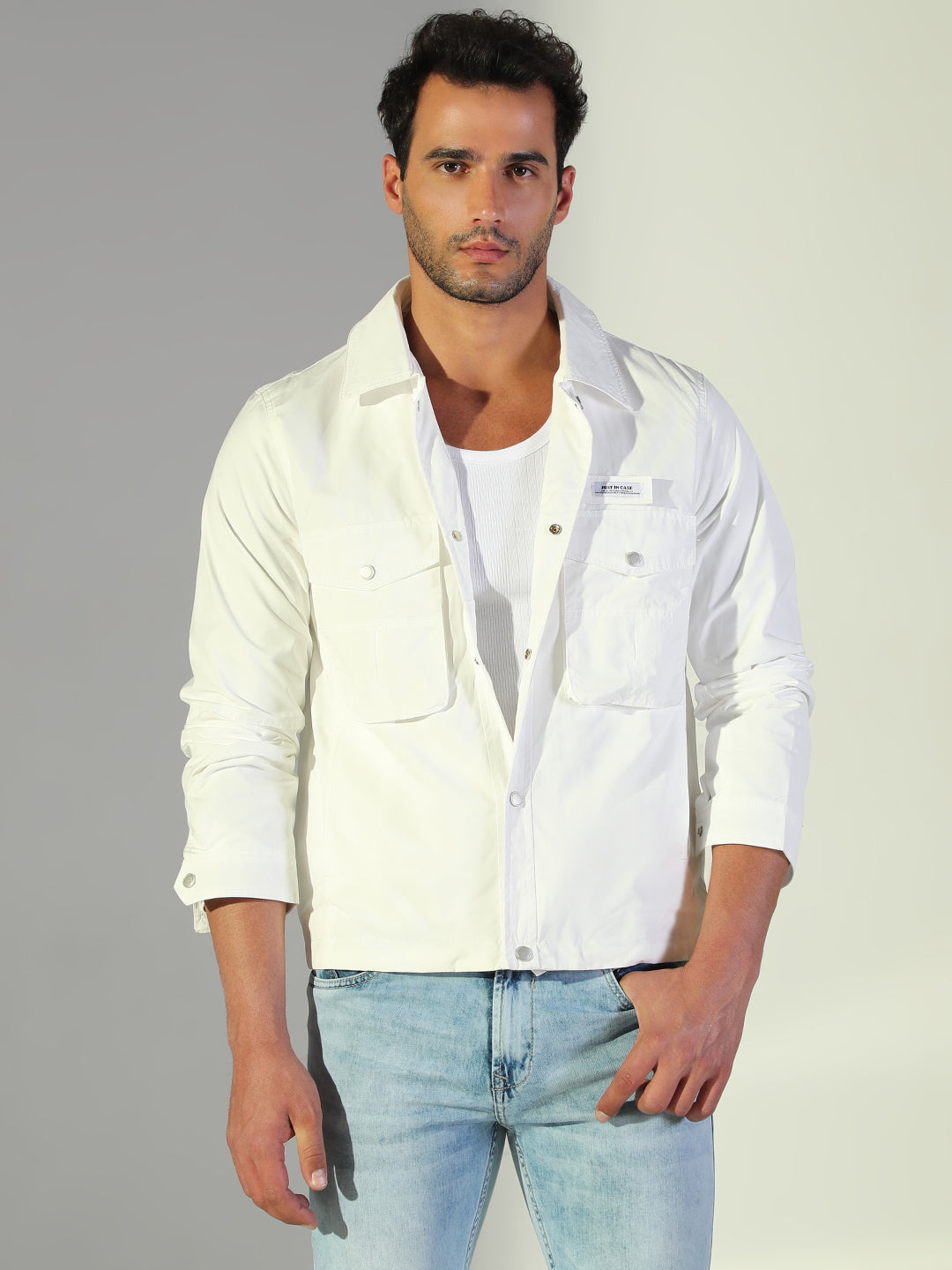 Men Solid White Shacket