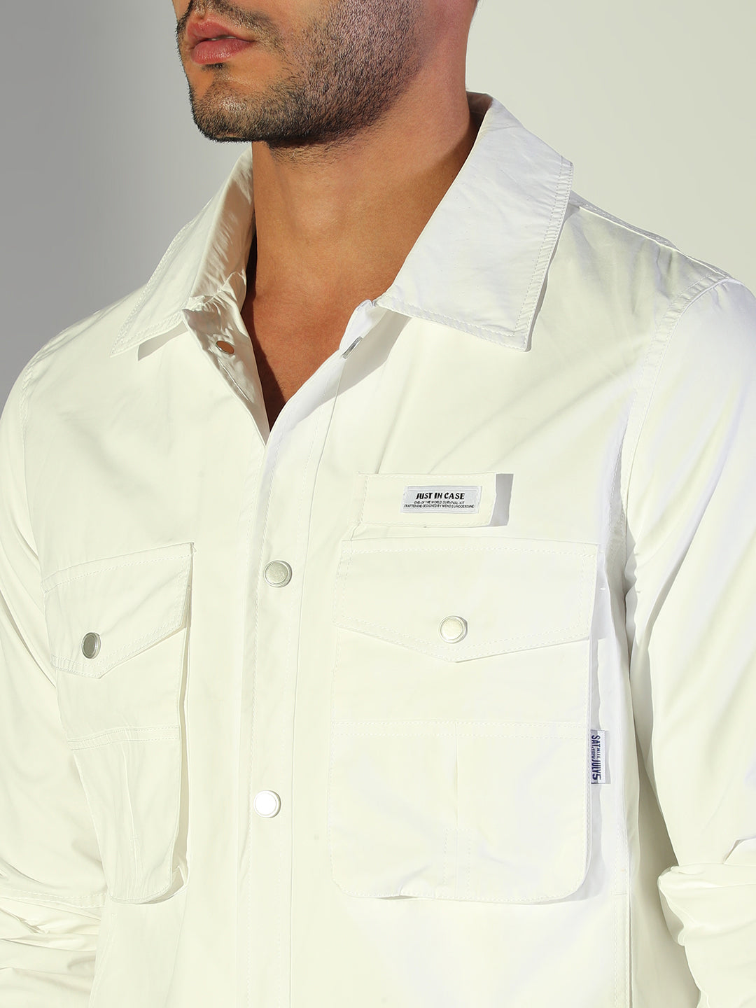 Men Solid White Shacket