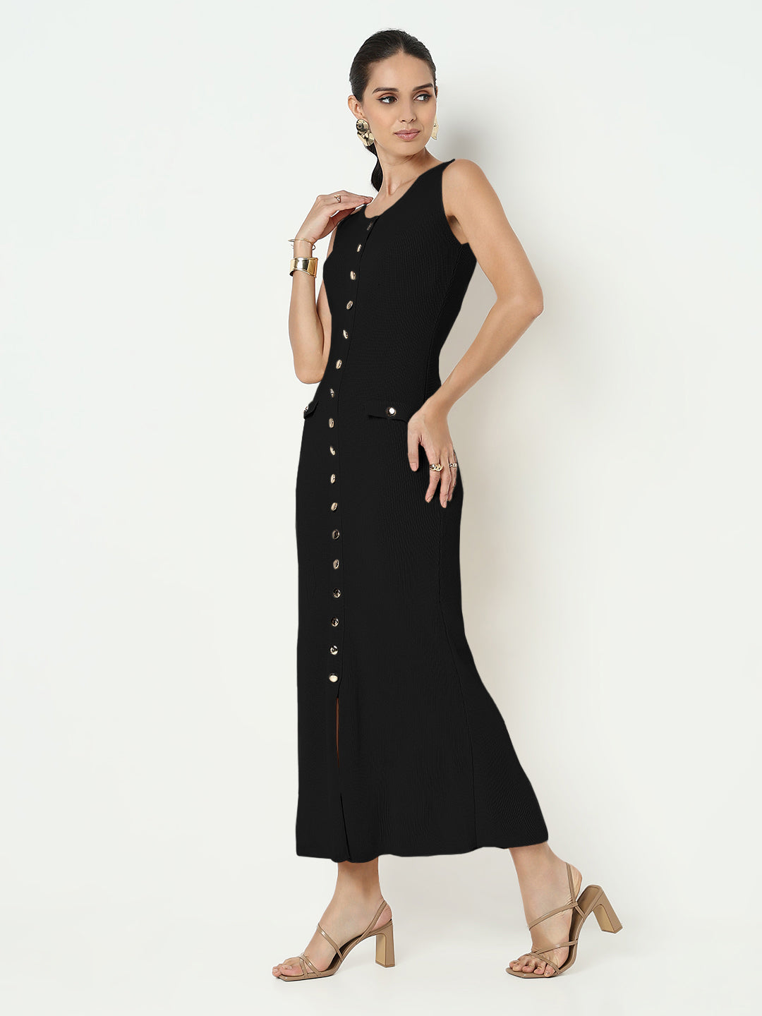 Women's Black Sleeveless Button-Down Maxi Dress with Side Slit