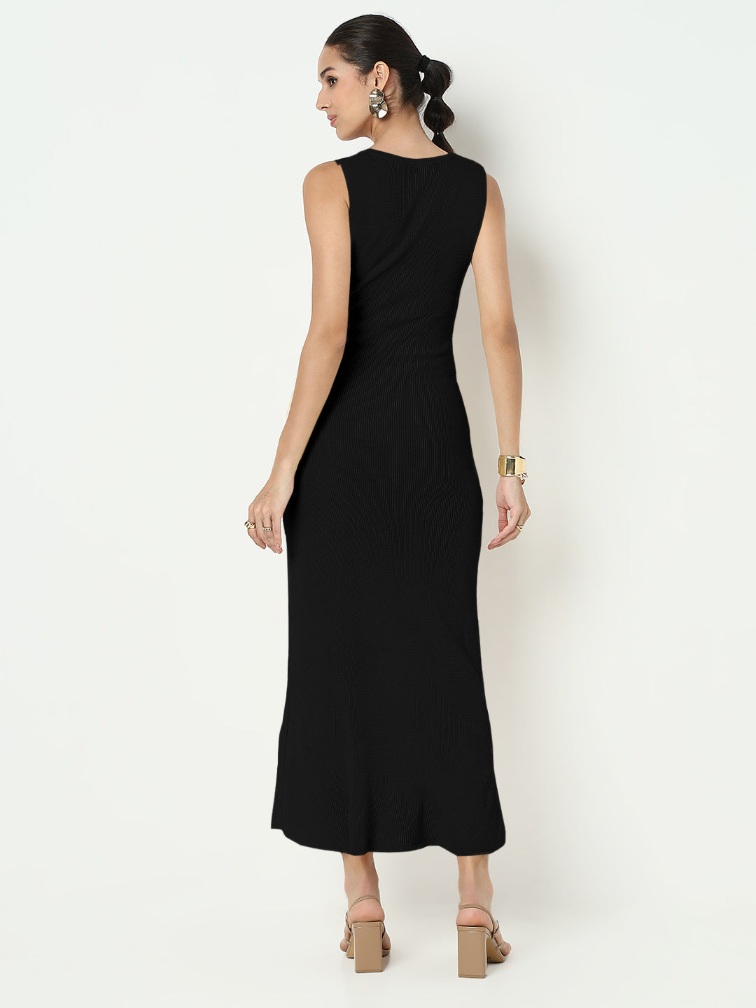 Women's Black Sleeveless Button-Down Maxi Dress with Side Slit