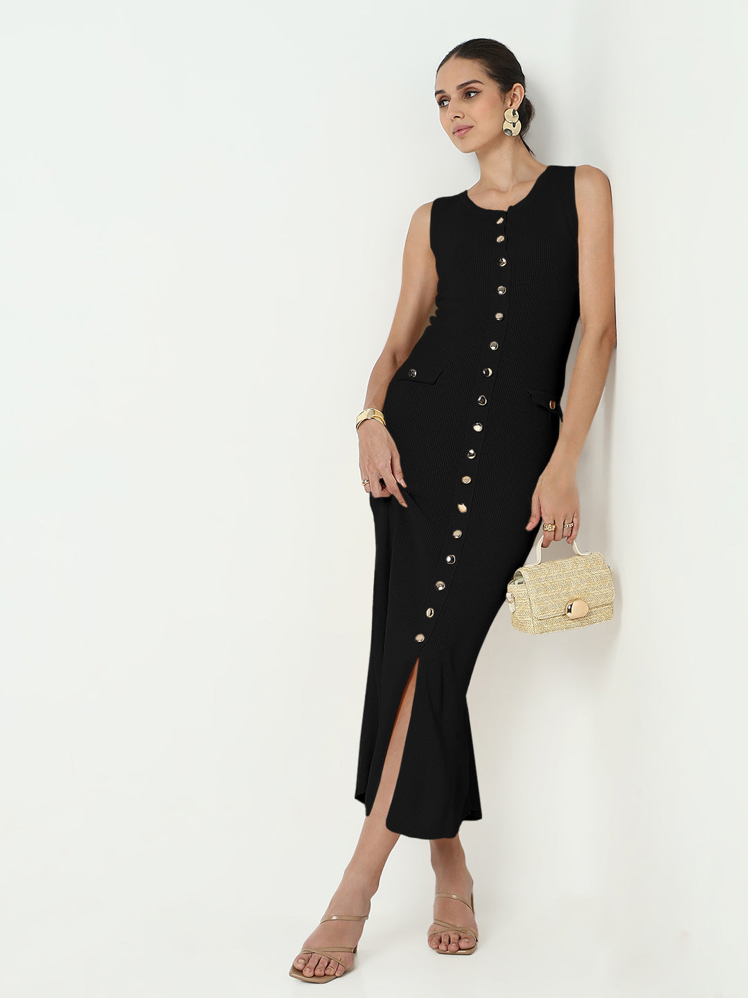 Women's Black Sleeveless Button-Down Maxi Dress with Side Slit