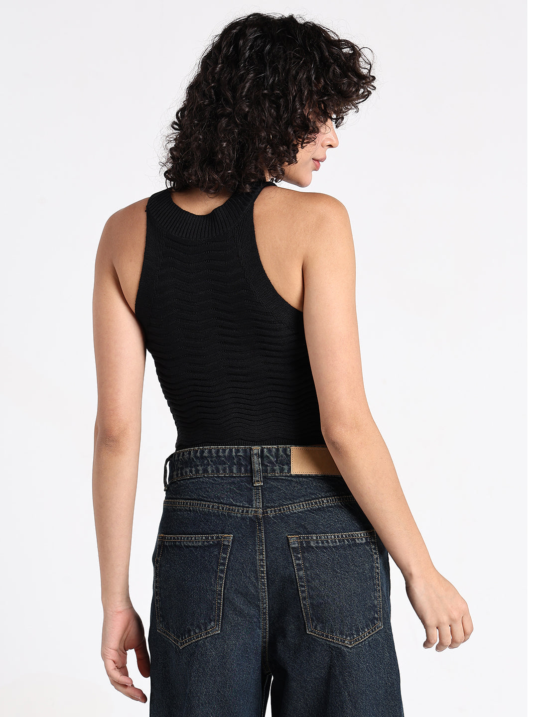 Women's Textured Black Ribbed Halter Crop Top