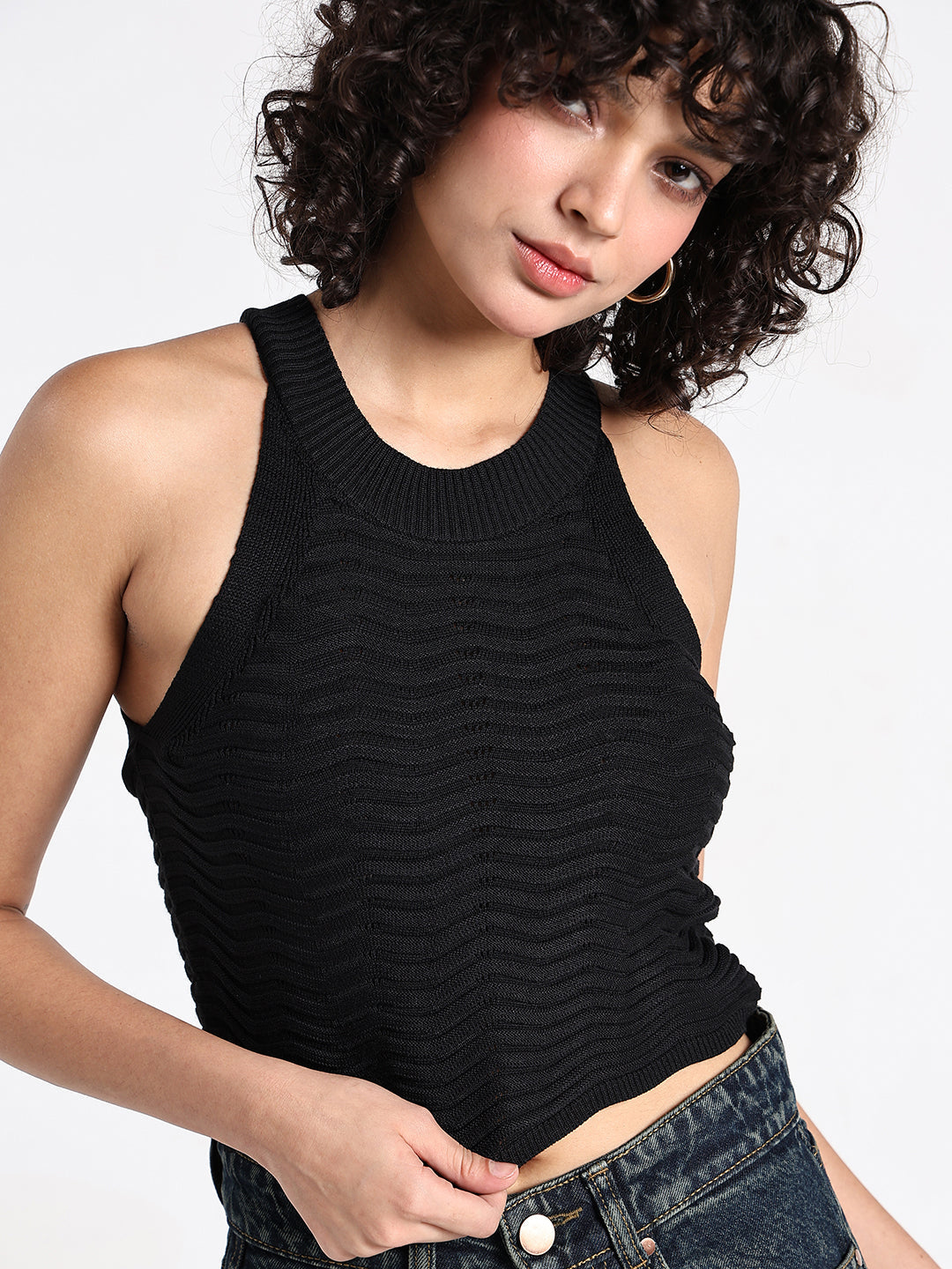 Women's Textured Black Ribbed Halter Crop Top