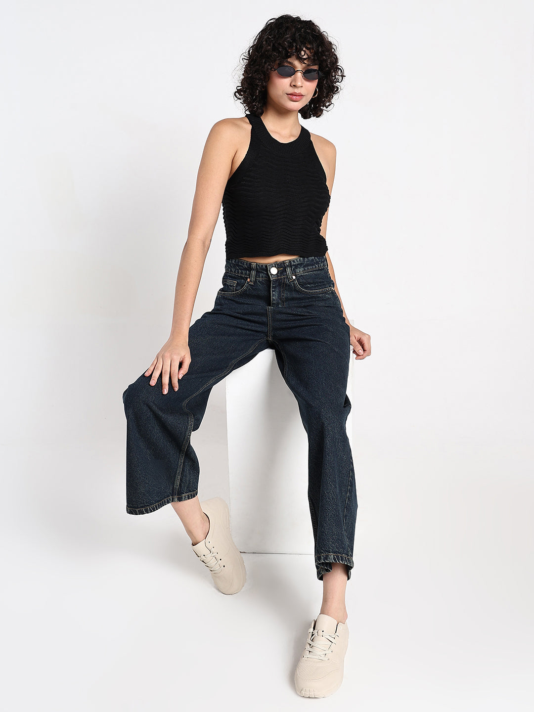 Women's Textured Black Ribbed Halter Crop Top