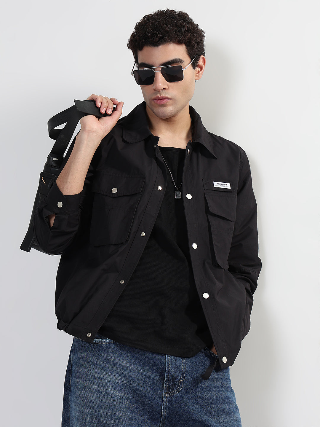 Men's Black Snap Button Shacket with Pockets