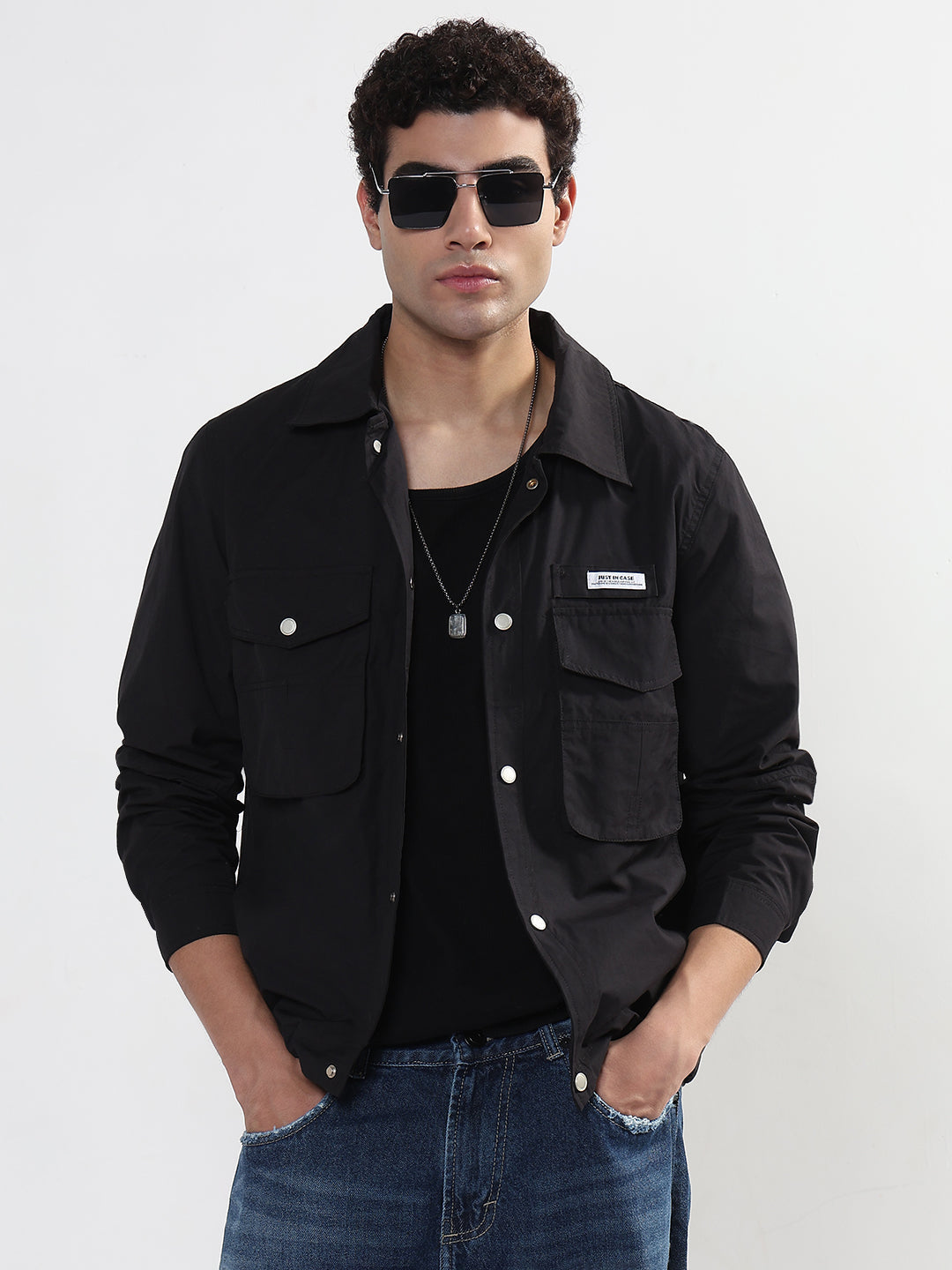 Men's Black Snap Button Shacket with Pockets