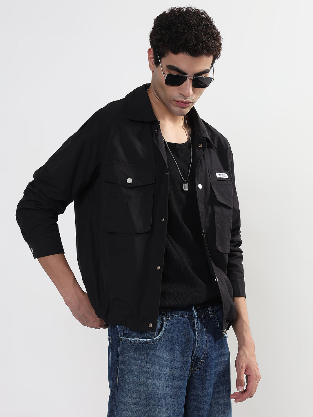 Men's Black Snap Button Shacket with Pockets