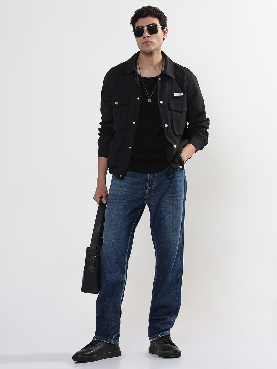 Men's Black Snap Button Shacket with Pockets