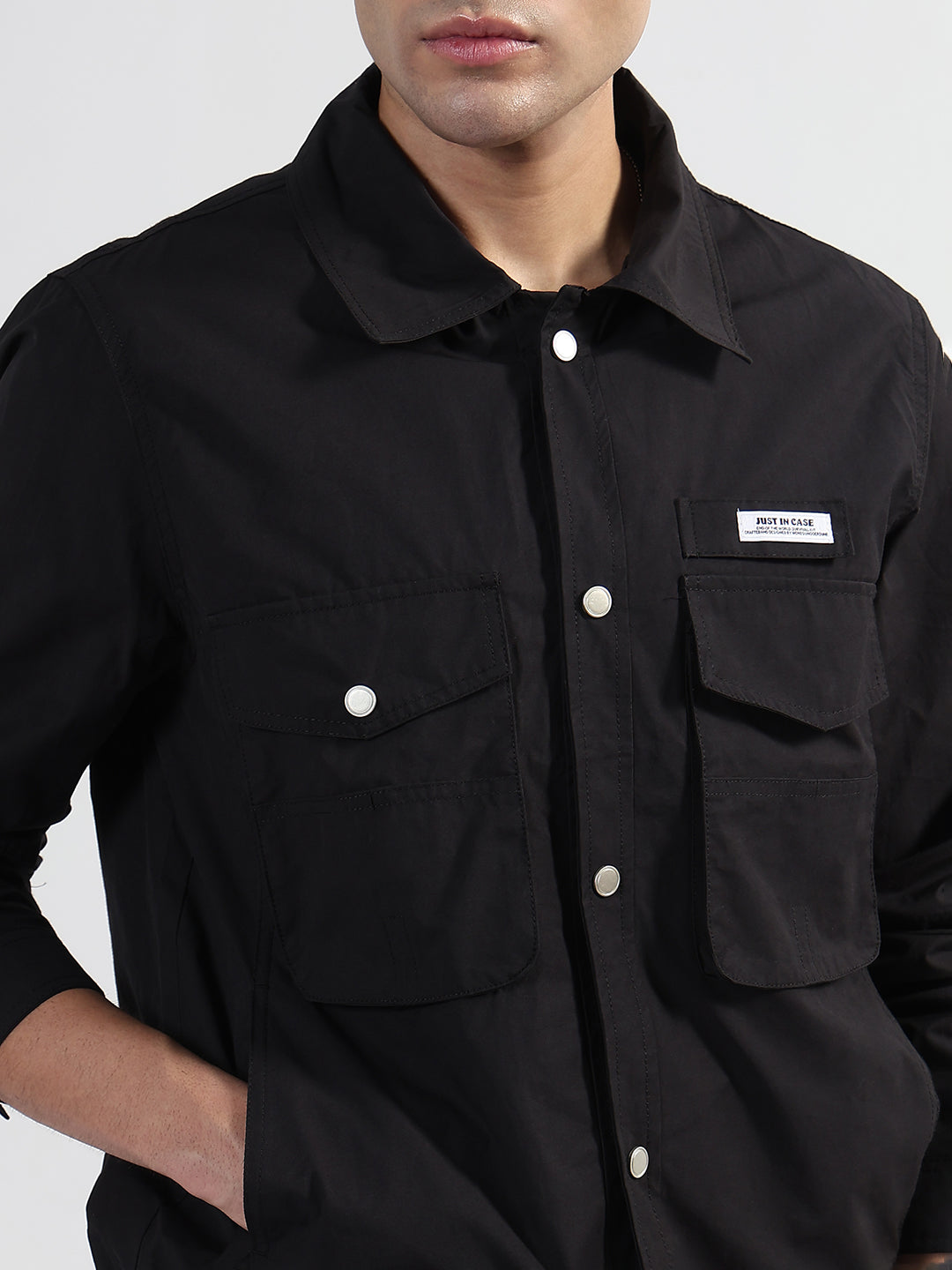Men's Black Snap Button Shacket with Pockets